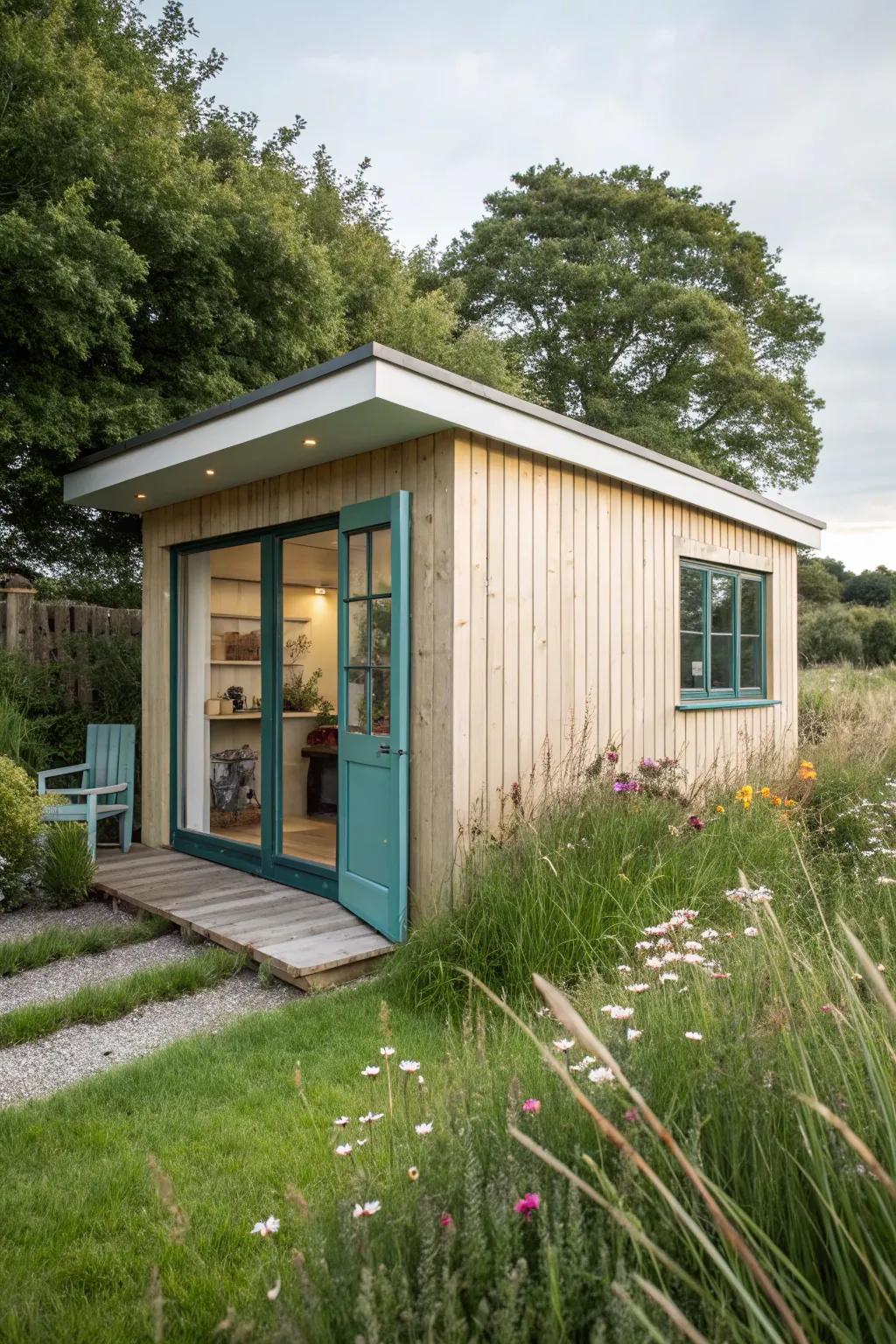 Find your creative sanctuary in a serene and stylish art studio shed, tucked away in nature's embrace.