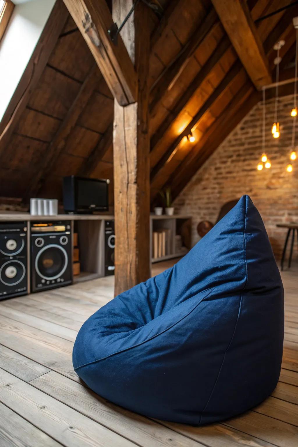 Transform your attic into the ultimate teen hangout spot with modern bean bags and a sleek sound system!