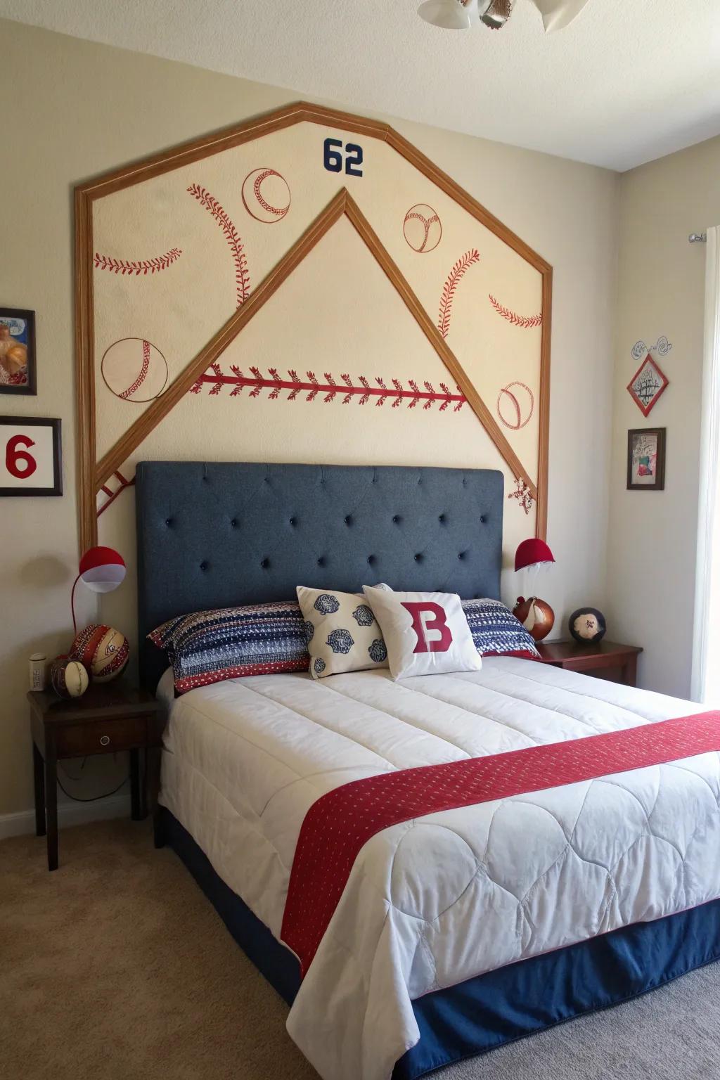 A home plate headboard offers a playful and unique centerpiece for the room.