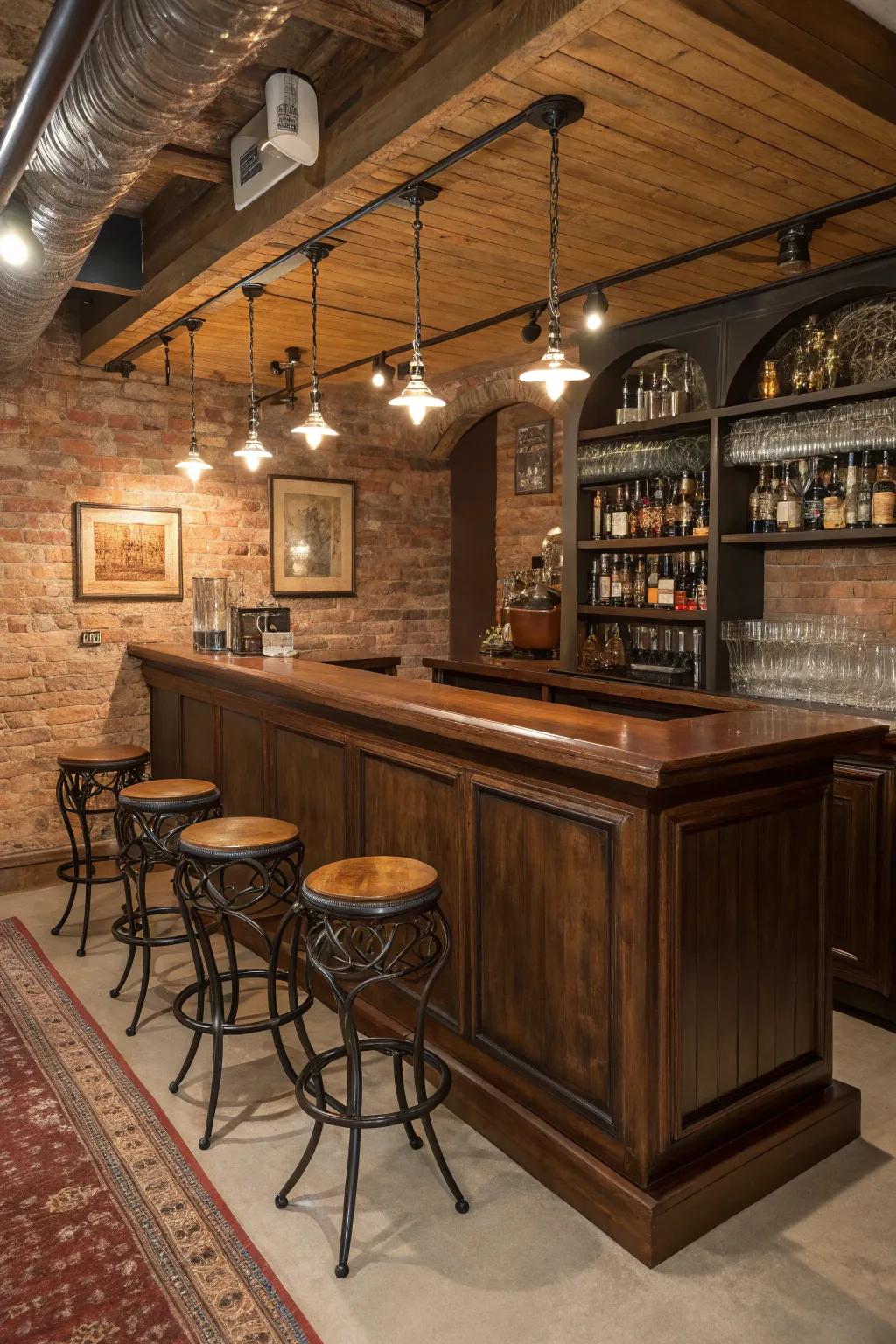 Step into your own rustic retreat with this expertly crafted basement bar concept.