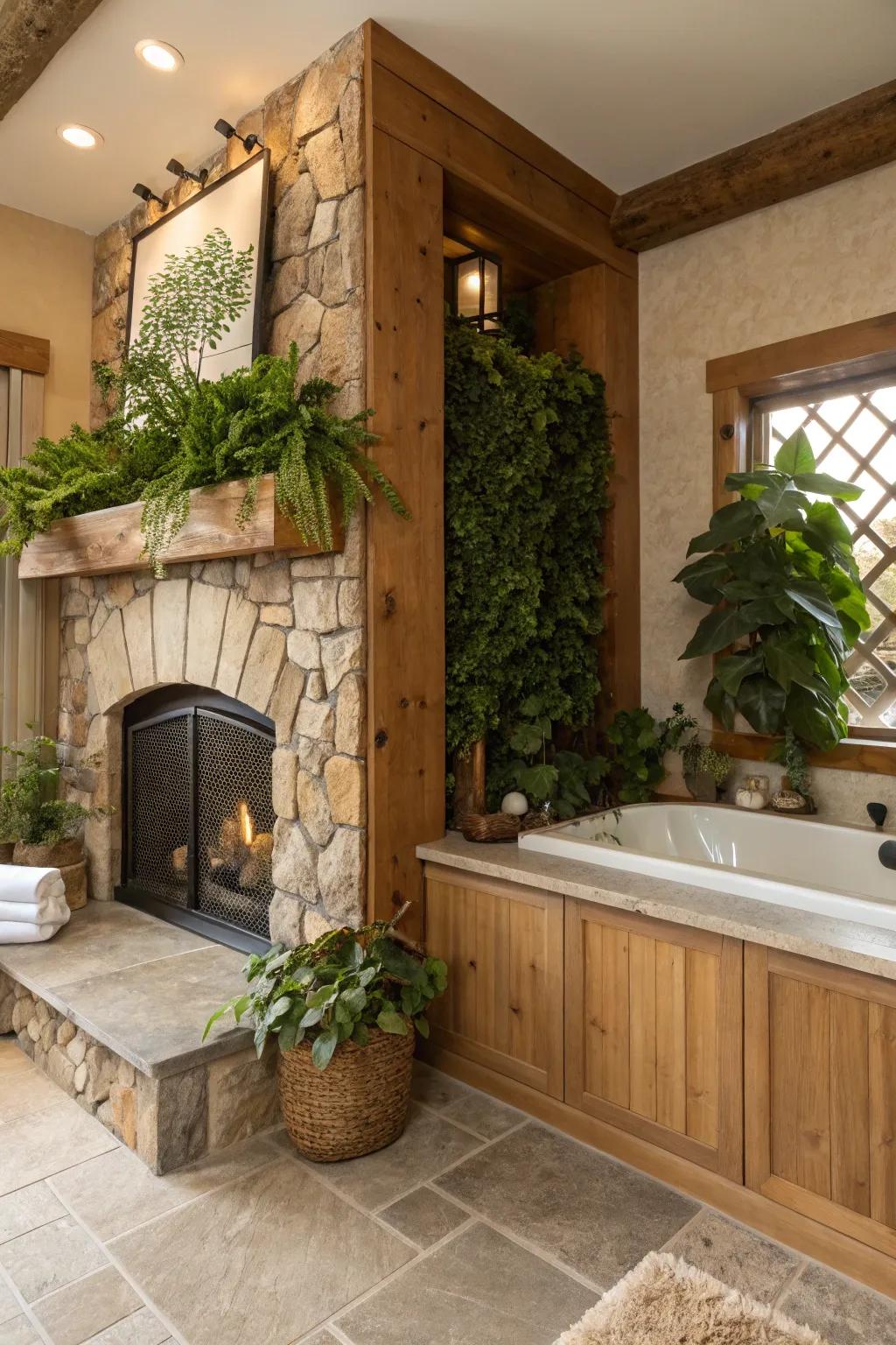 Natural elements complementing the warmth of the fireplace.