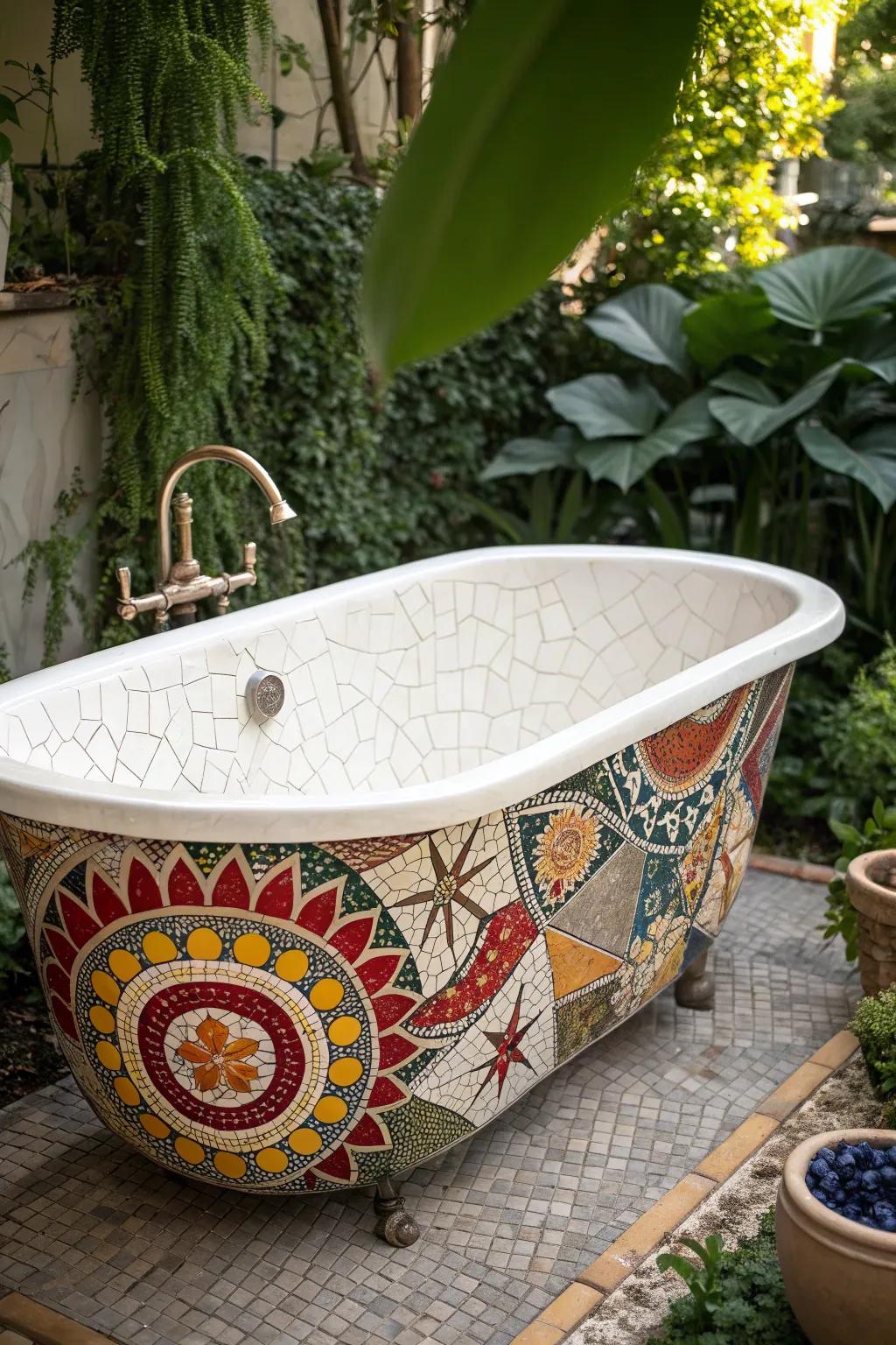 Transform your garden into a masterpiece with a vibrant mosaic bathtub pond, where art meets nature in perfect harmony.