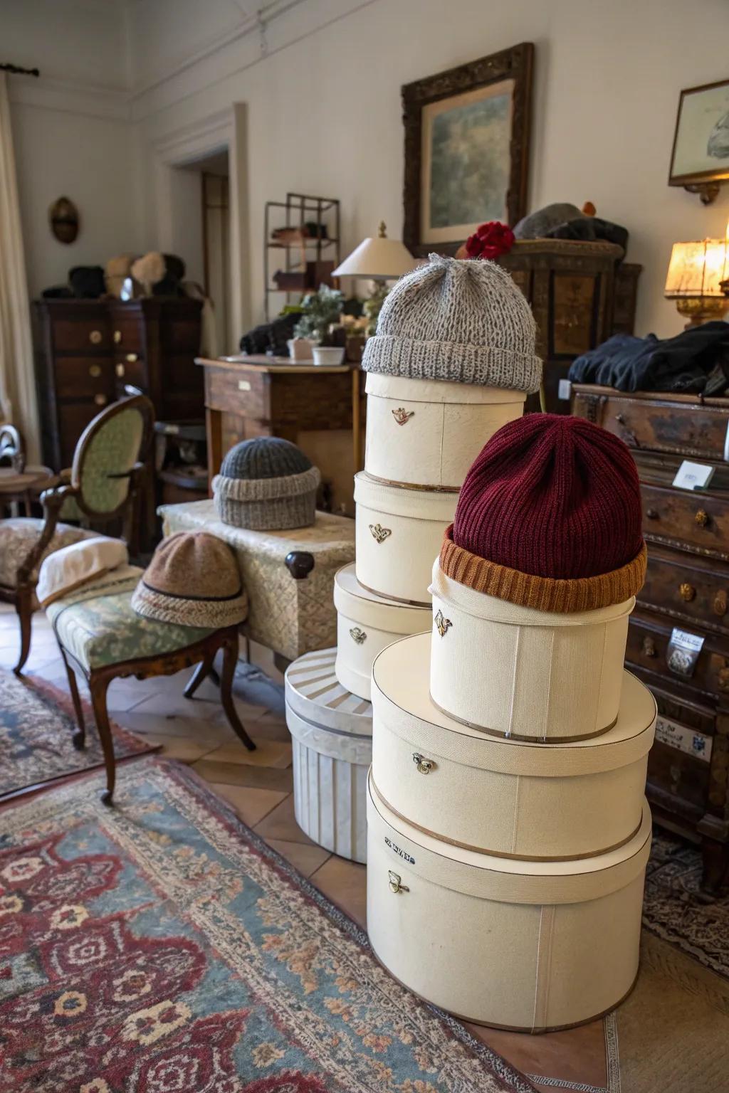 Vintage hat boxes bring an elegant touch to your beanie storage.