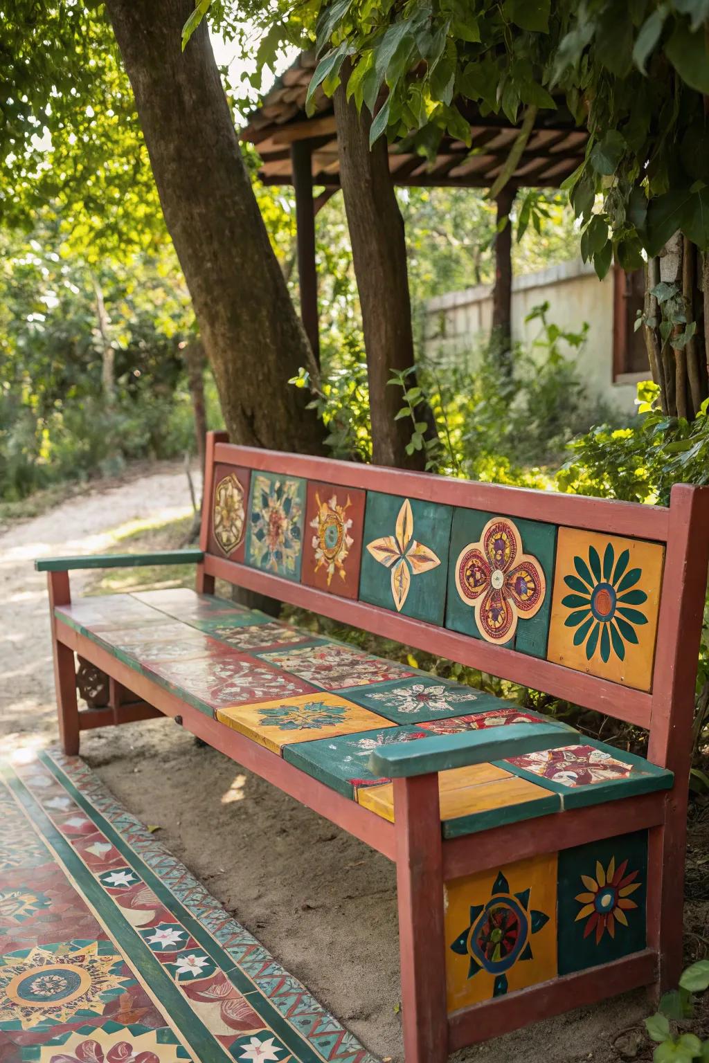 Transform your outdoor space with a colorful patchwork bench that brings bold artistry and minimalist charm together!