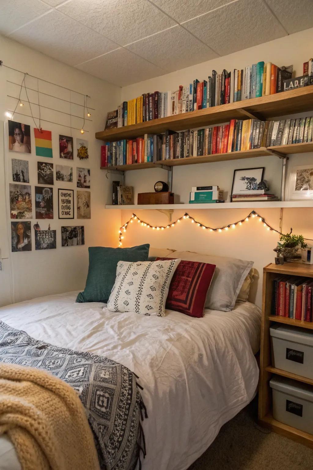 Save space and showcase style with above-bed shelving.