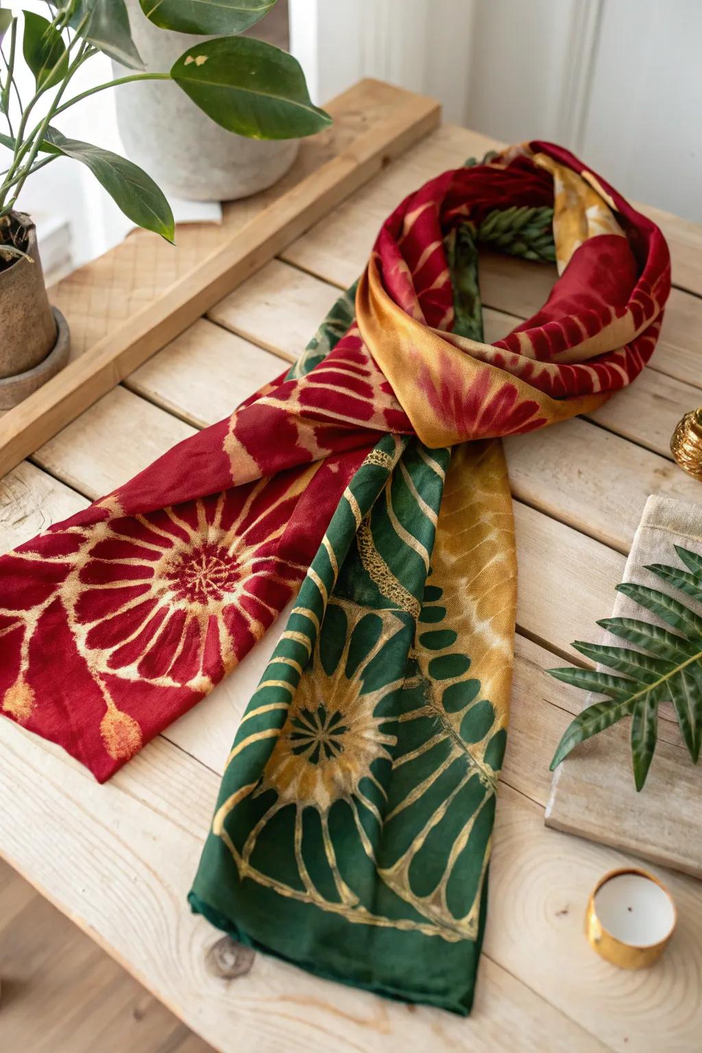 Embrace festive elegance with this stunning tie-dye scarf, a perfect blend of craftsmanship and vibrant holiday hues.