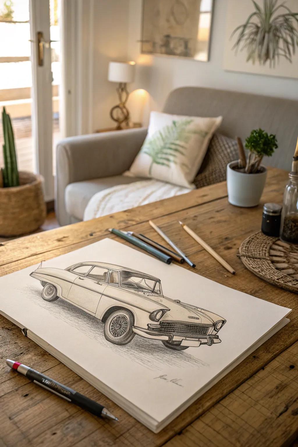 Travel back in time with a charming vintage car sketch, where classic design meets minimalist elegance.
