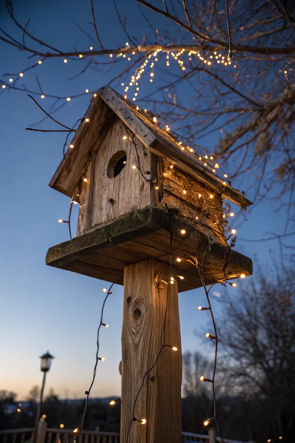 Illuminate your garden with a touch of magic: a birdhouse adorned with twinkling lights.