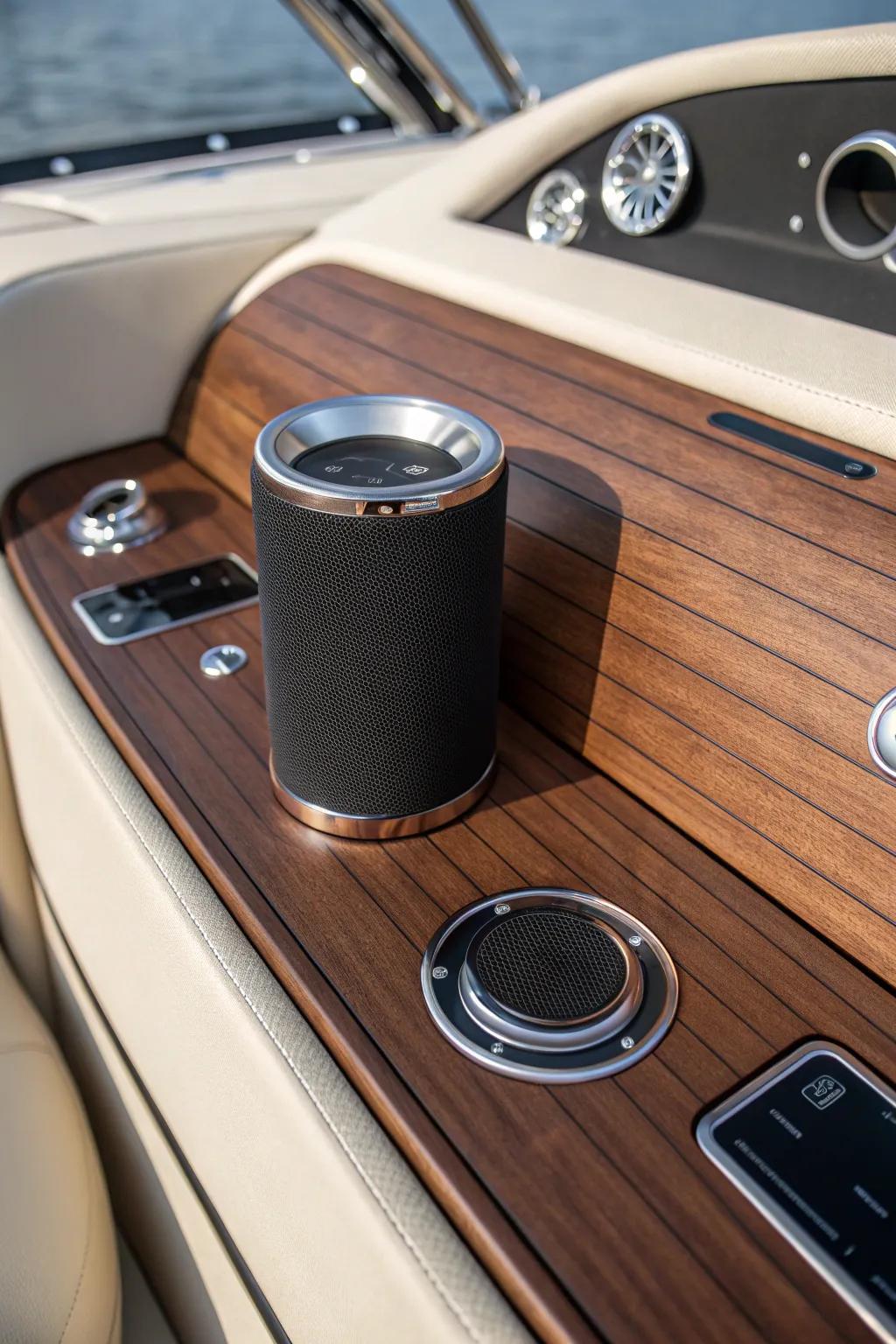 Seamless Sound: Elegant Cup Holder Speaker for the Modern Boater.