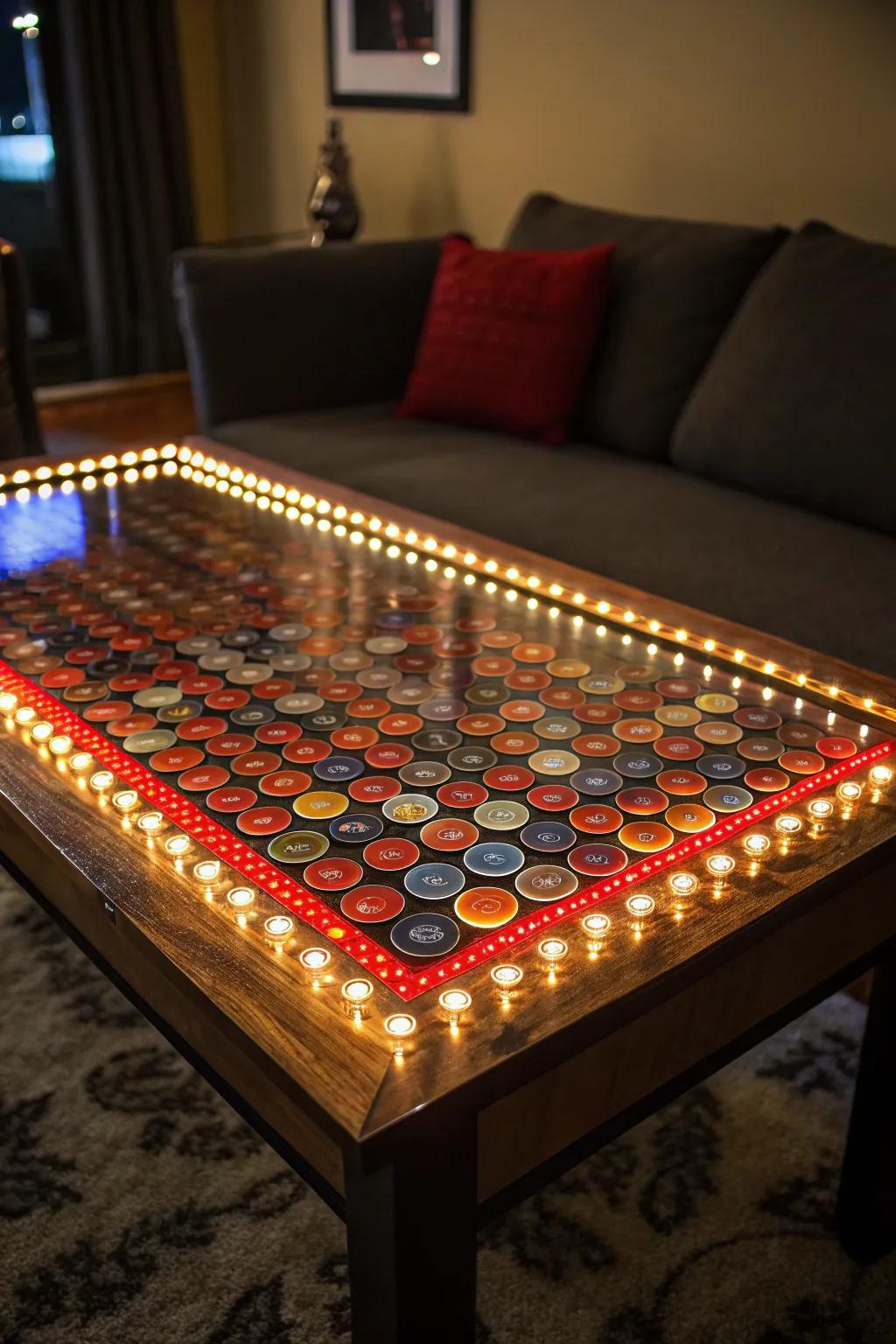 Illuminate your space with a handcrafted masterpiece: a bottle cap epoxy table with glowing LED edges.