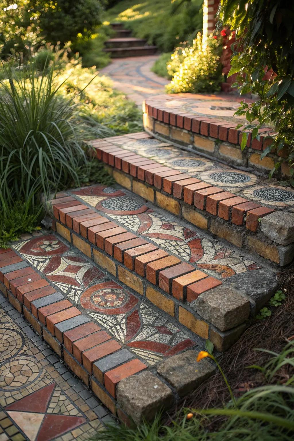 Elevate your garden with artfully crafted mosaic brick steps that blend creativity with craftsmanship.