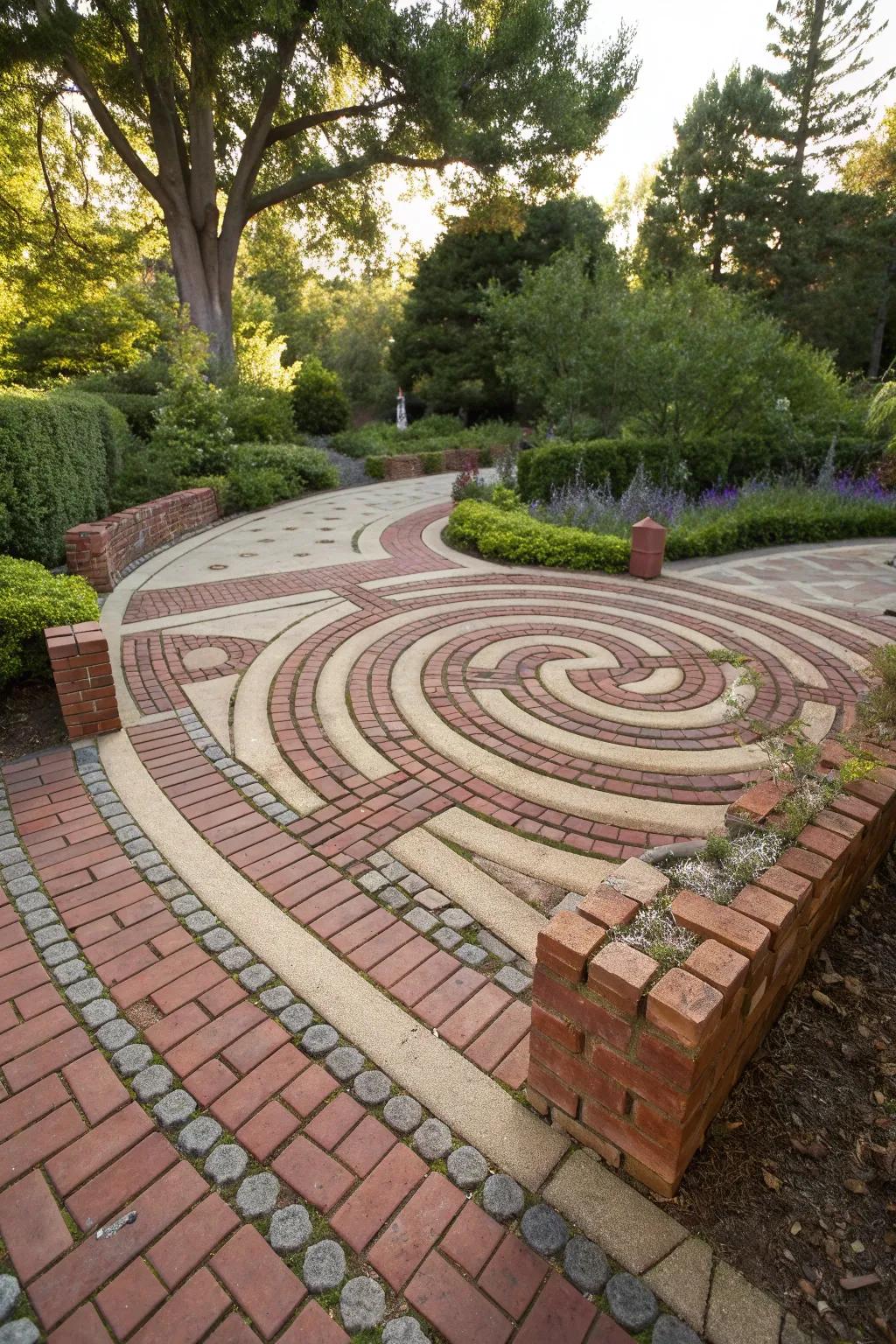 Lose yourself in the tranquility of a brick labyrinth, where craftsmanship meets nature.