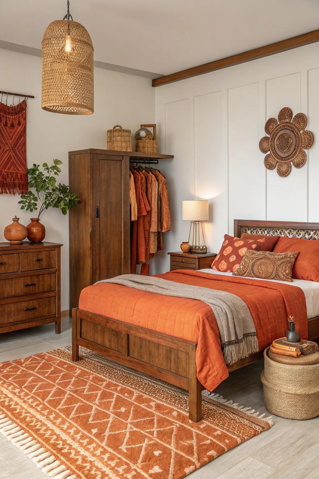 Warm wood tones harmonize with burnt orange accents.