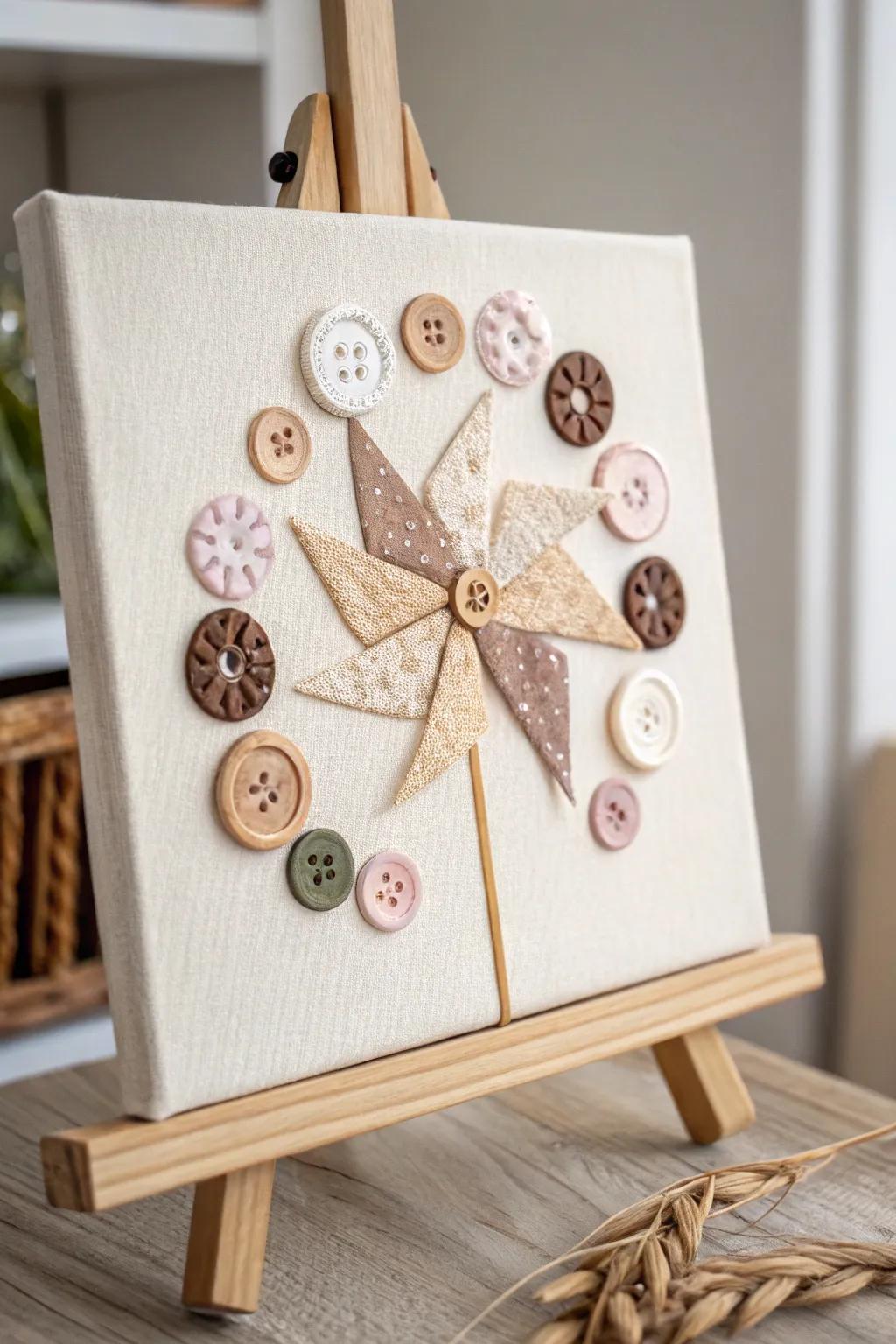Bring rustic charm to your space with this handcrafted button windmill art piece.