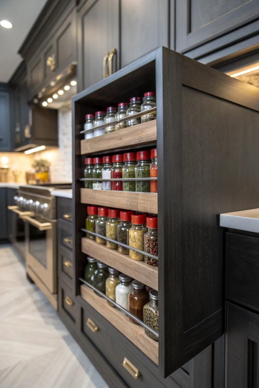 Elevate your kitchen game with handcrafted pull-out spice racks that blend style with function.