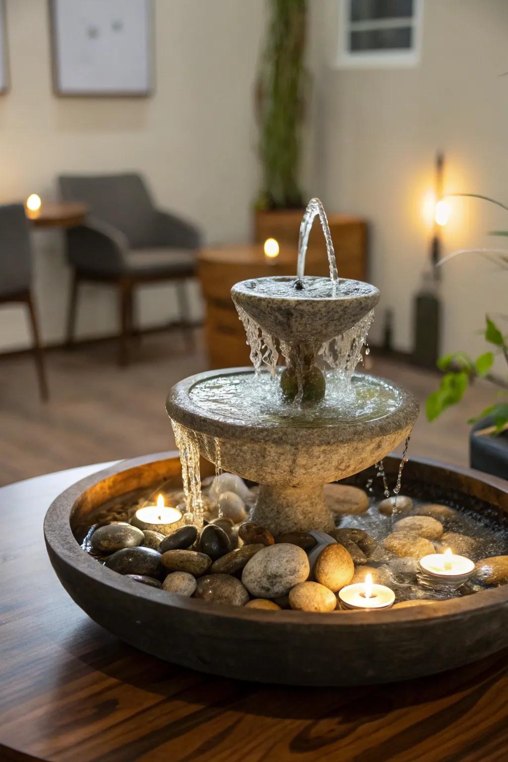 A small water feature adding serenity to the space.