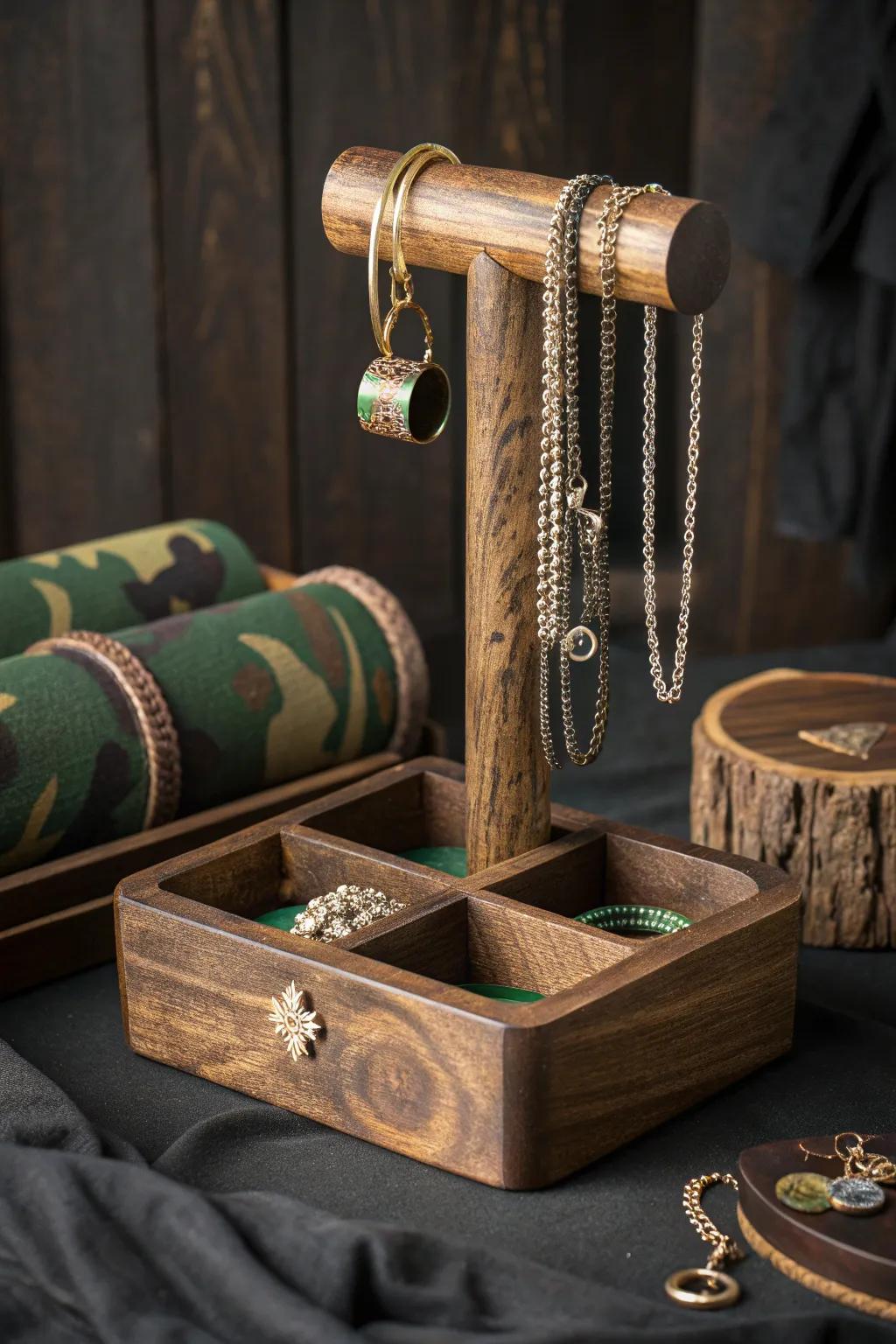 Blend style and utility with this handcrafted camouflage jewelry holder.