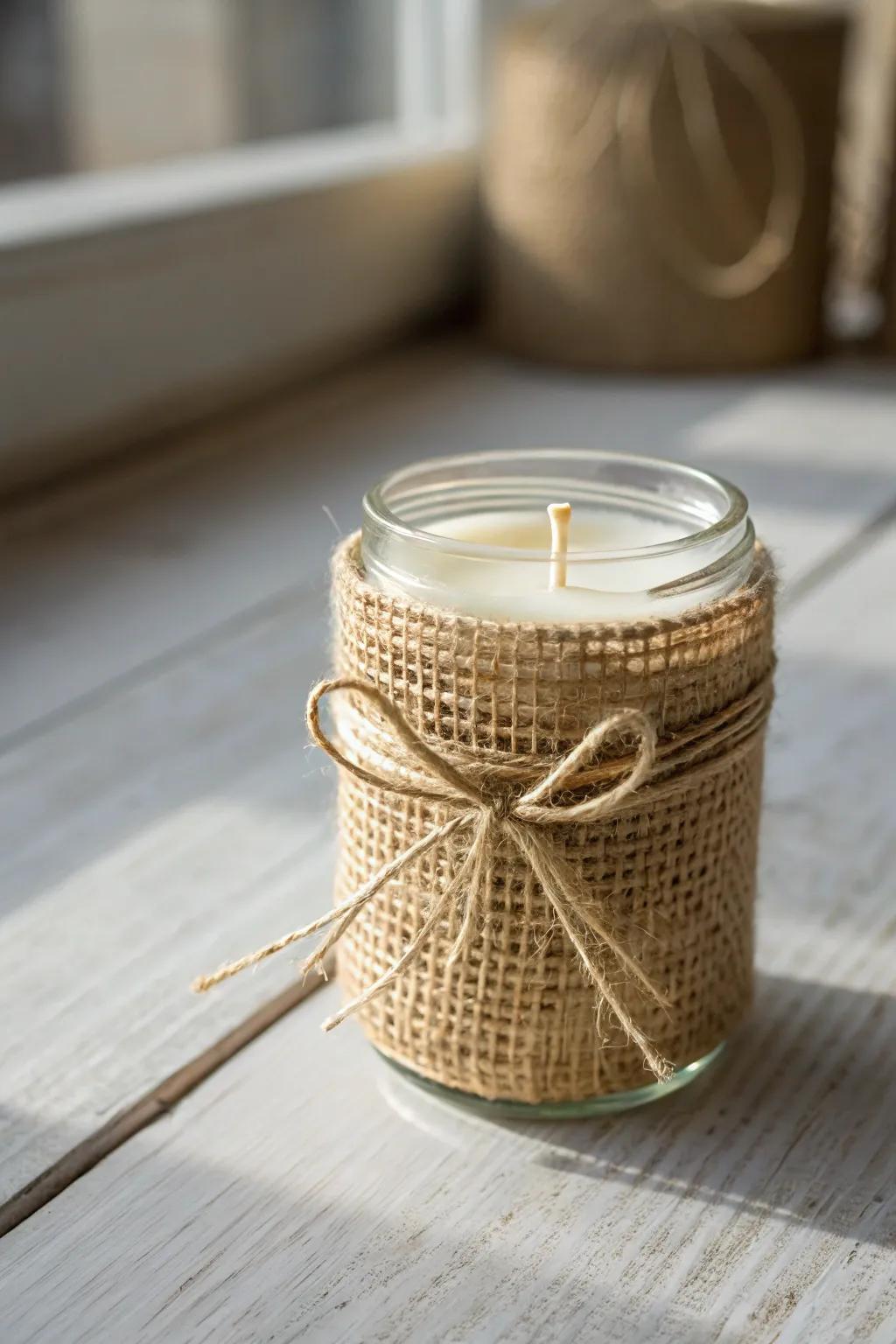 Embrace rustic elegance with a burlap-wrapped candle jar, perfect for cozy autumn vibes.