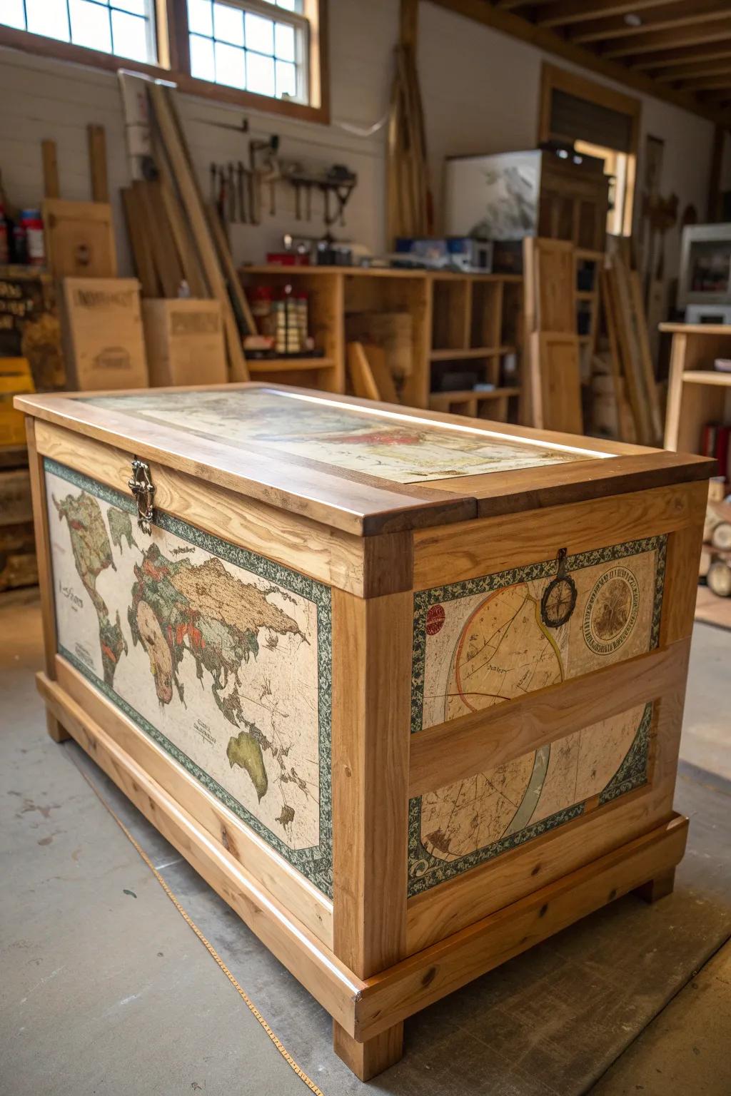 Transform your space with a touch of worldly charm: Decoupage your cedar chest with vintage maps for a unique, handcrafted look.