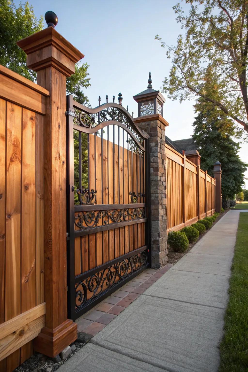 Strength meets sophistication in this cedar fence with elegant iron gates.