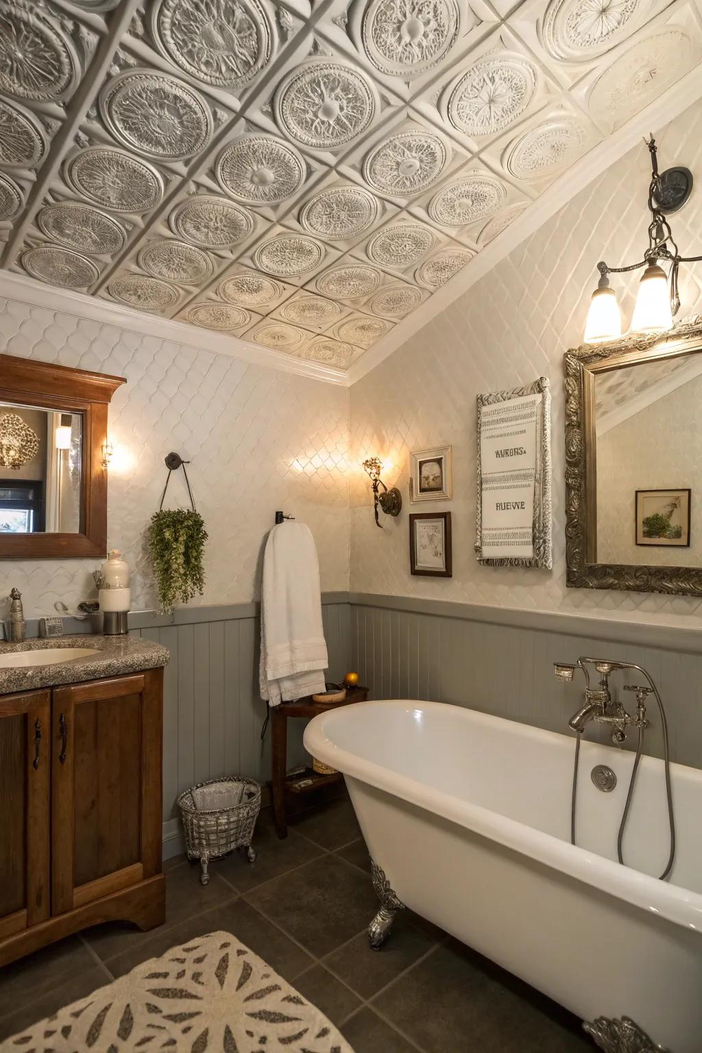 Decorative tiles transform ceilings with vintage charm and elegance.