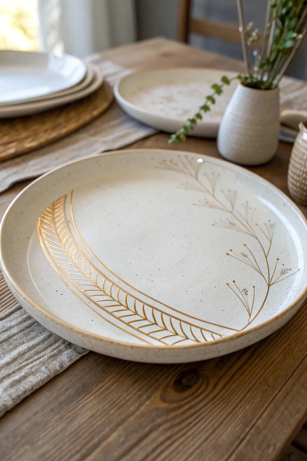 Add a touch of luxury to your table with this sophisticated ceramic platter adorned with gold accents.