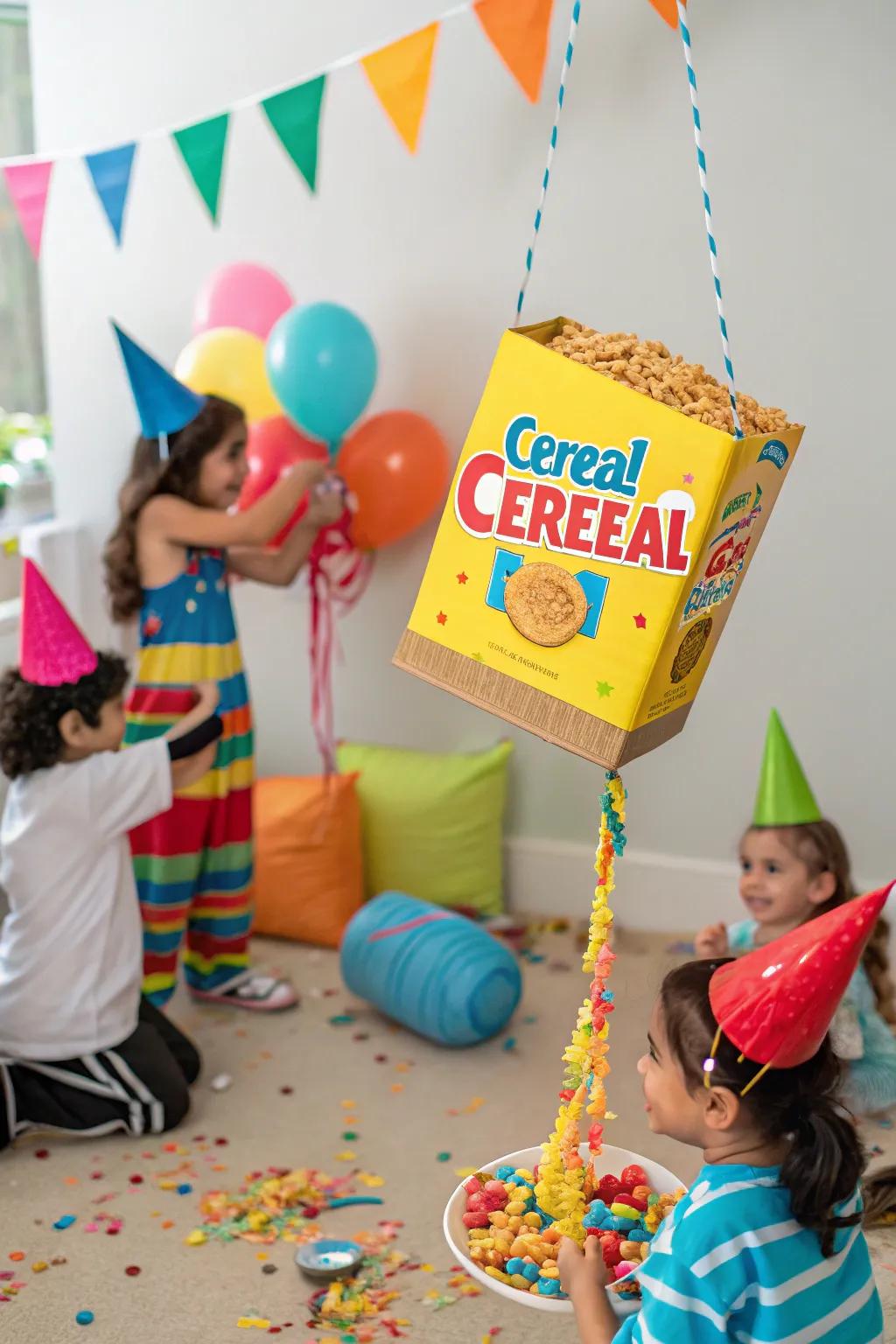 A cereal-themed pinata hanging in a party setting with kids around.