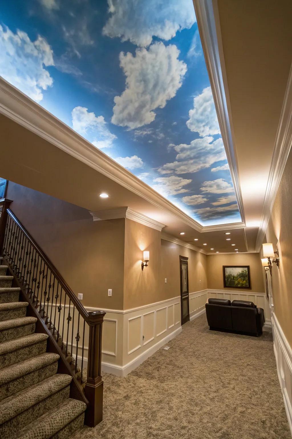 Transform your basement with a handcrafted sky ceiling for a touch of whimsy and charm.