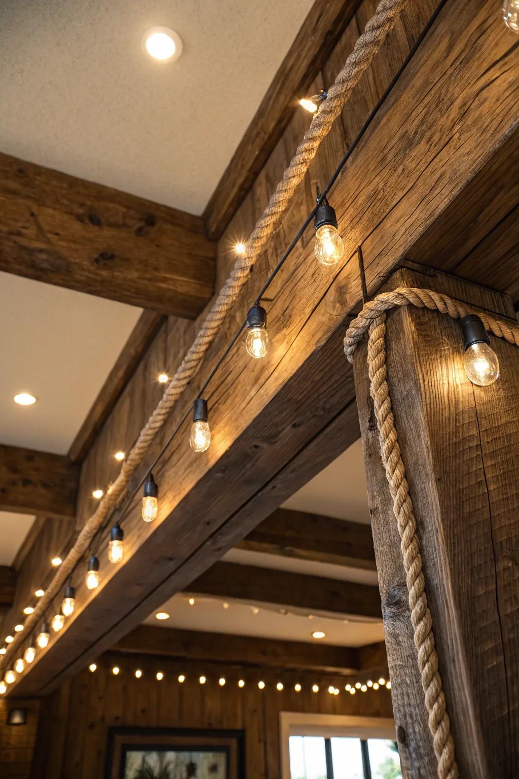 Illuminate your space with the warm glow of rope lights for a touch of rustic charm.