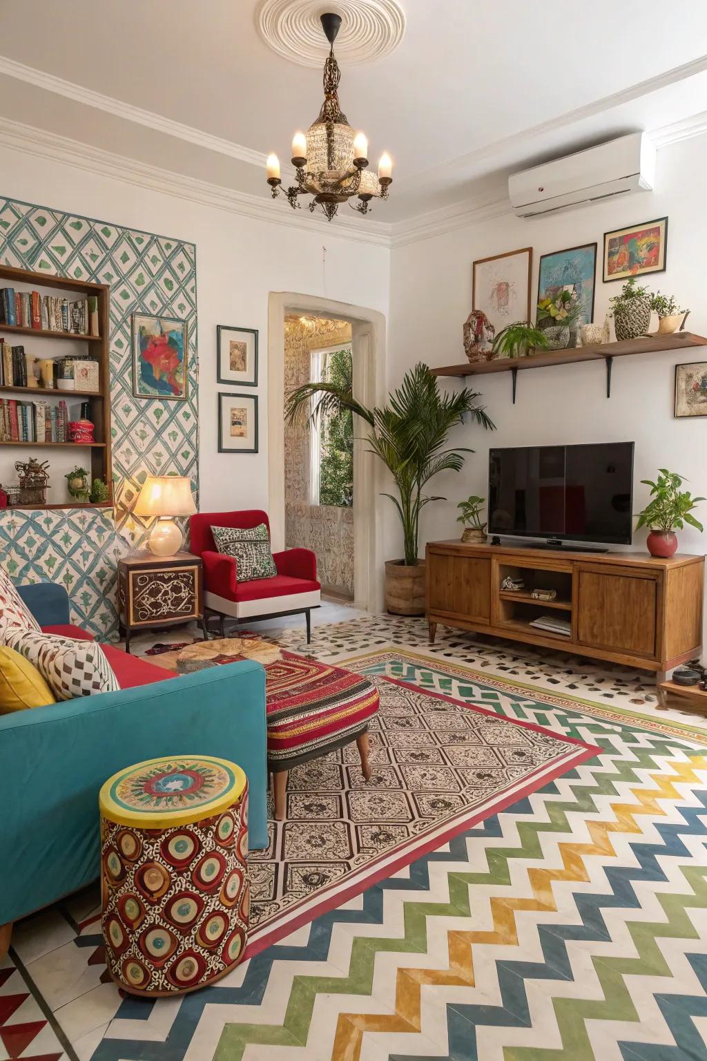 Mixing chevron with other patterns creates a vibrant and eclectic atmosphere in this lively living room.
