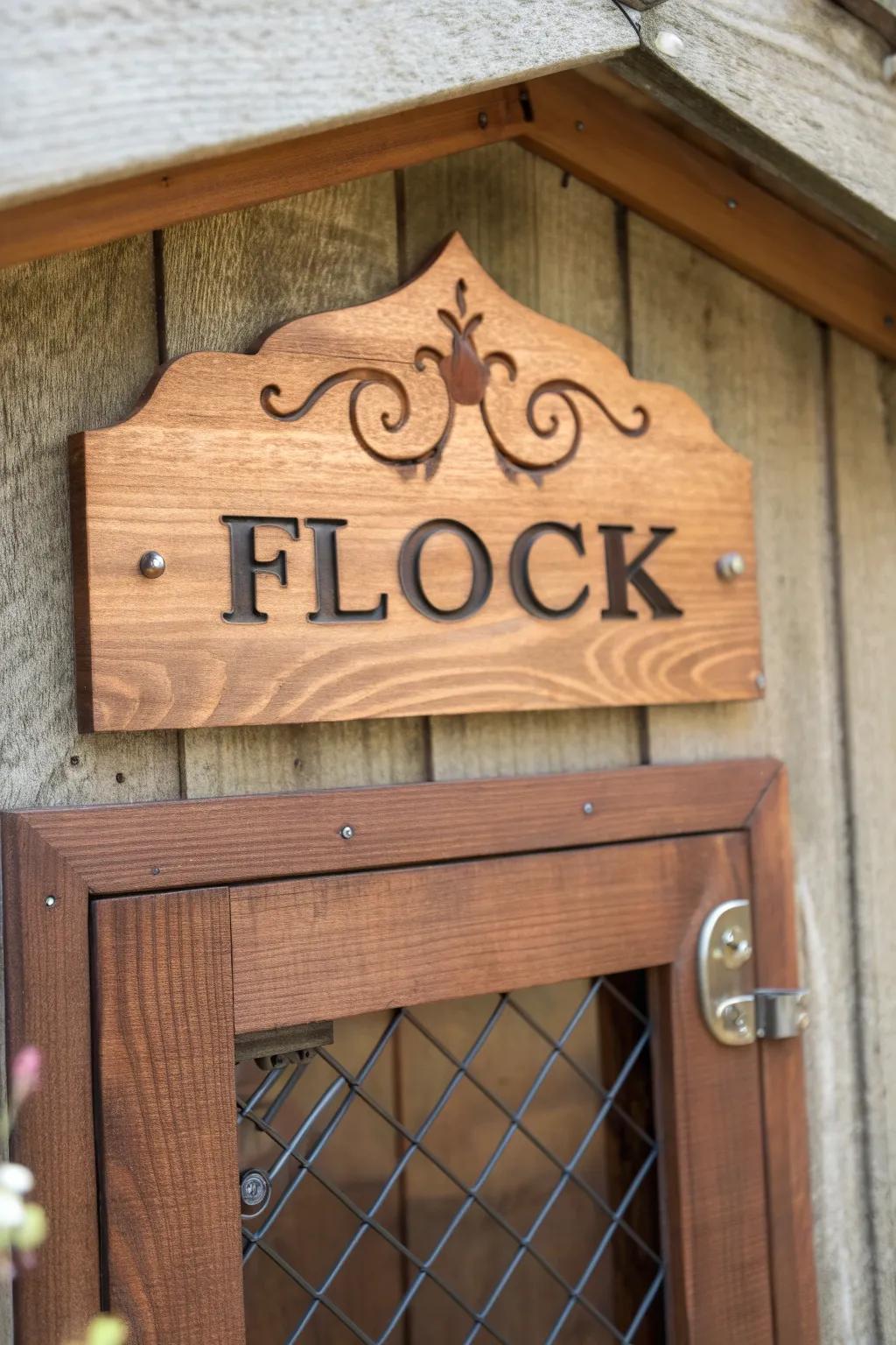 Craft your coop's identity with a personalized touch: a hand-engraved wooden name plate.