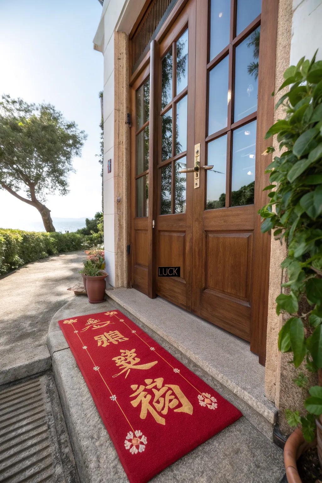 A red doormat with auspicious symbols is a welcoming touch.
