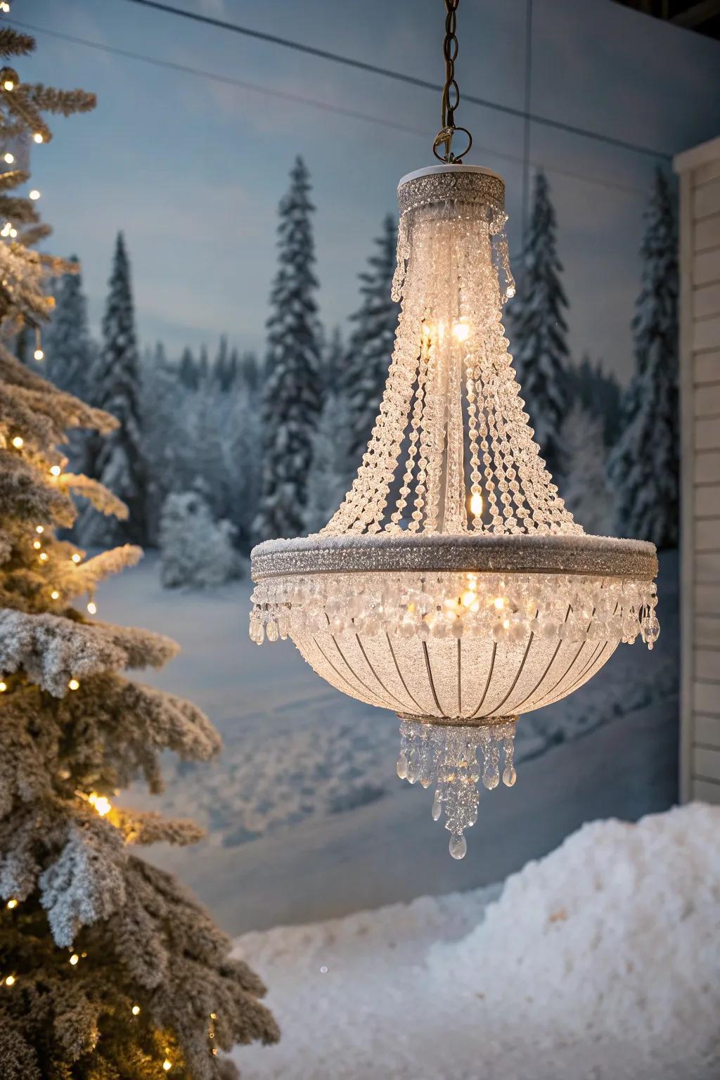 A frosted snow effect adds a magical touch to chandelier decor.