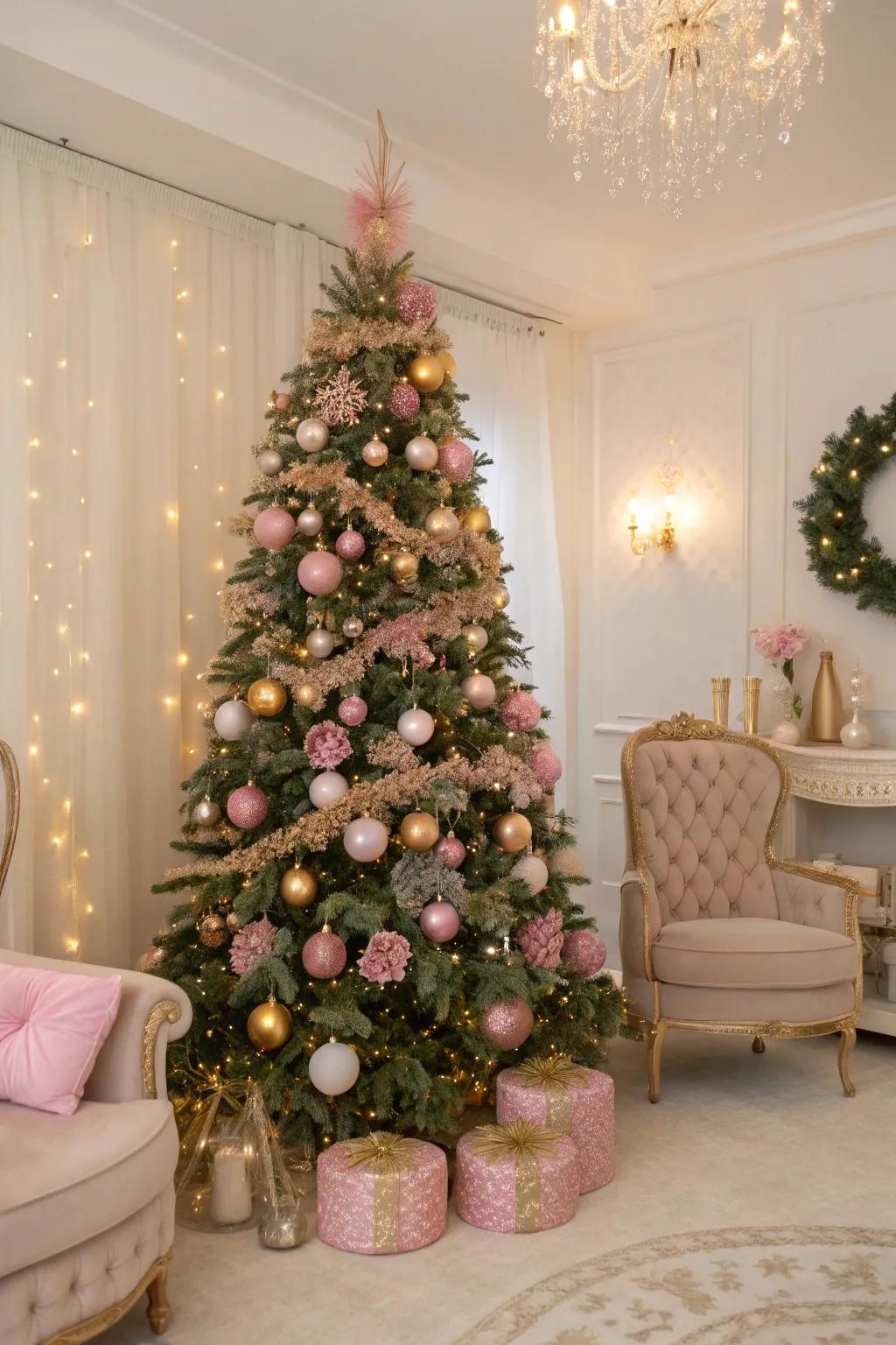 A glamorous Christmas with pink and gold.
