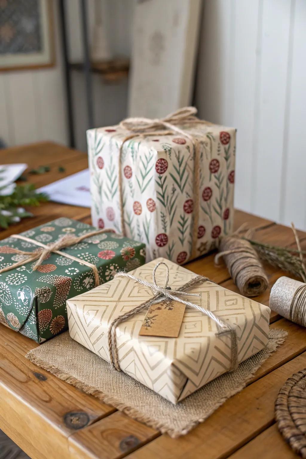 Gifts wrapped in artisan paper, offering a unique presentation.