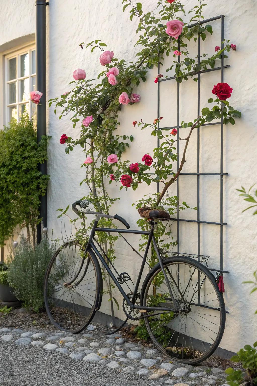 Transform your garden with a touch of whimsy using an old bicycle frame as a stunning rose support.