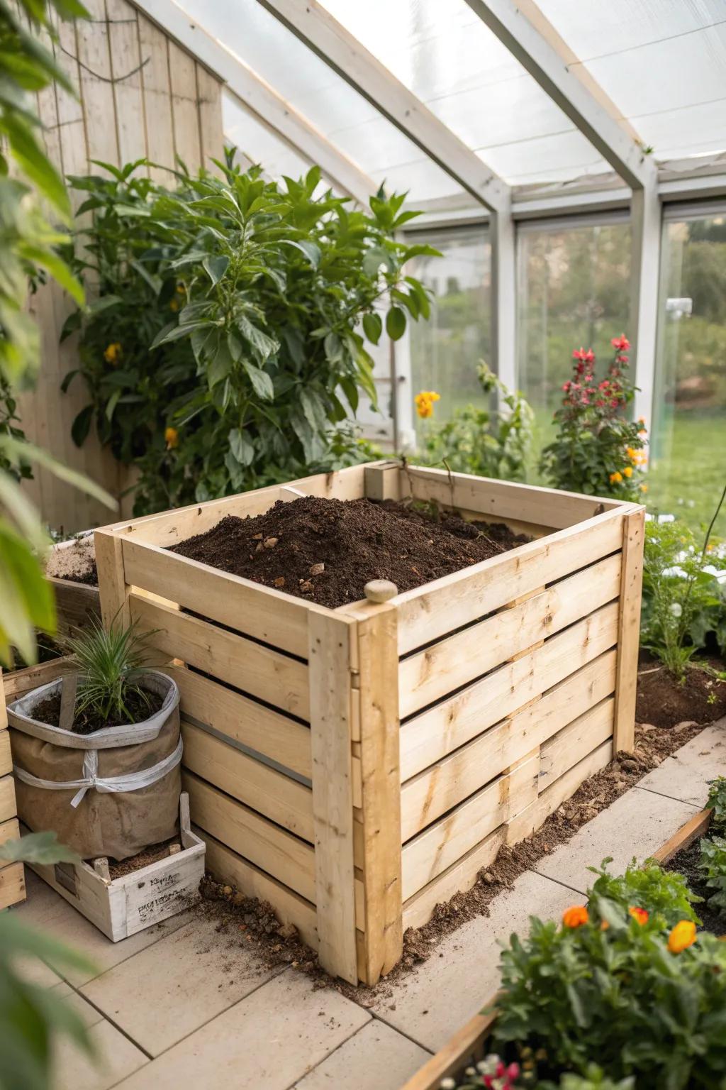 Transform your greenhouse into a haven of natural beauty with a chic, minimalist composting corner. 🌿✨ #GreenhouseComposting #ScandiBohoStyle
