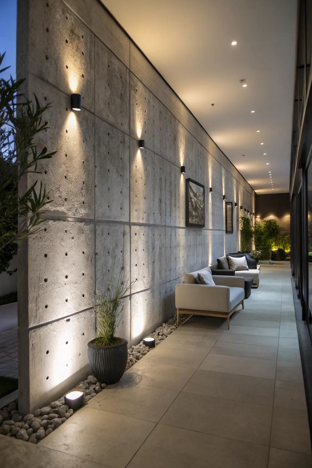 Lighting effects enhance the sophistication of concrete walls.