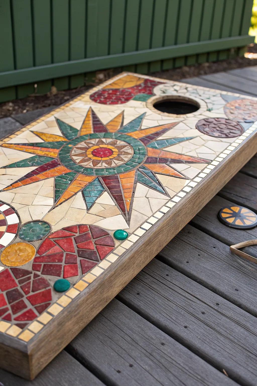 Elevate your game with a mosaic masterpiece: a bean bag board that dazzles with every play.