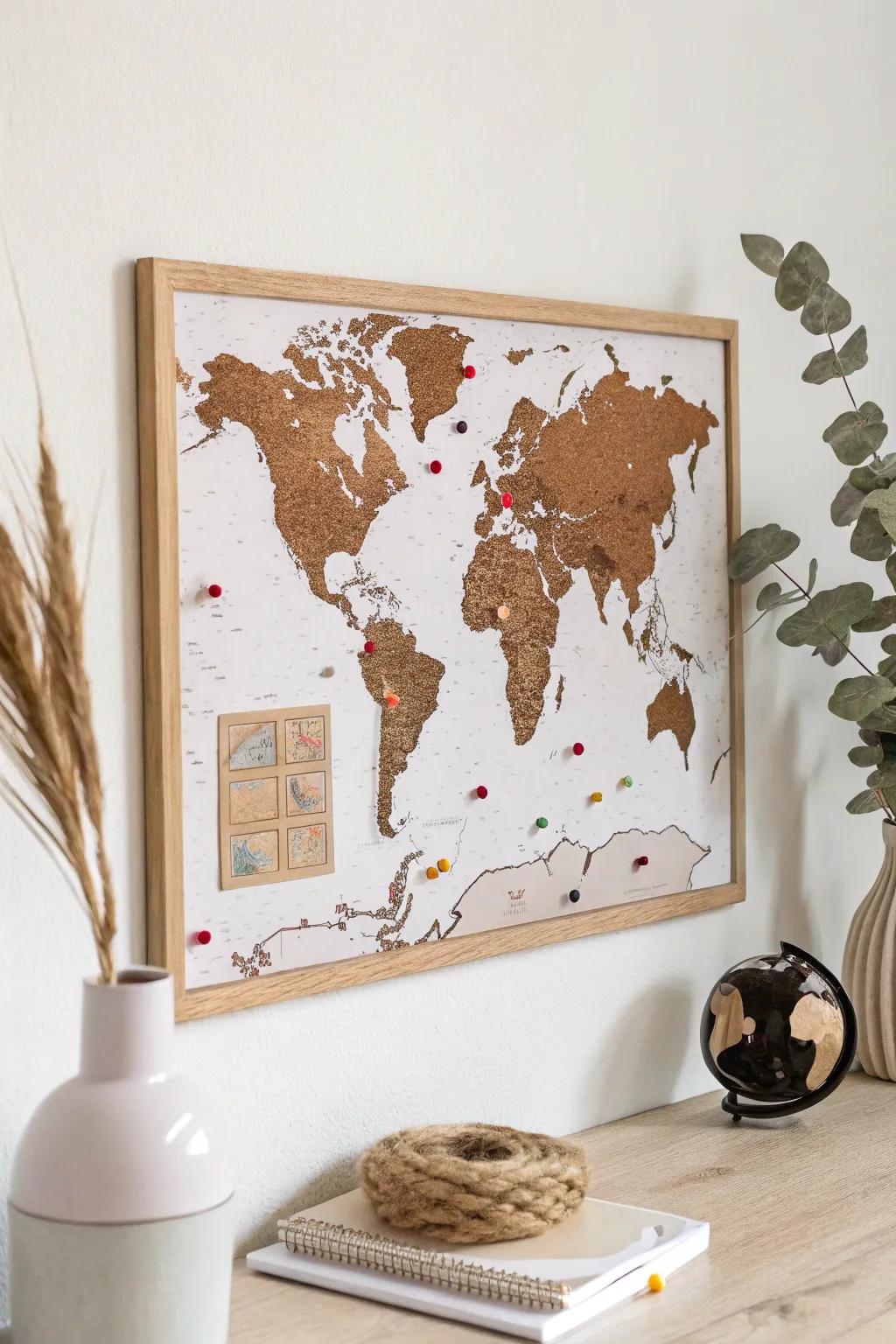 Map your adventures in style with a minimalist cork board travel map—where past journeys and future dreams meet.