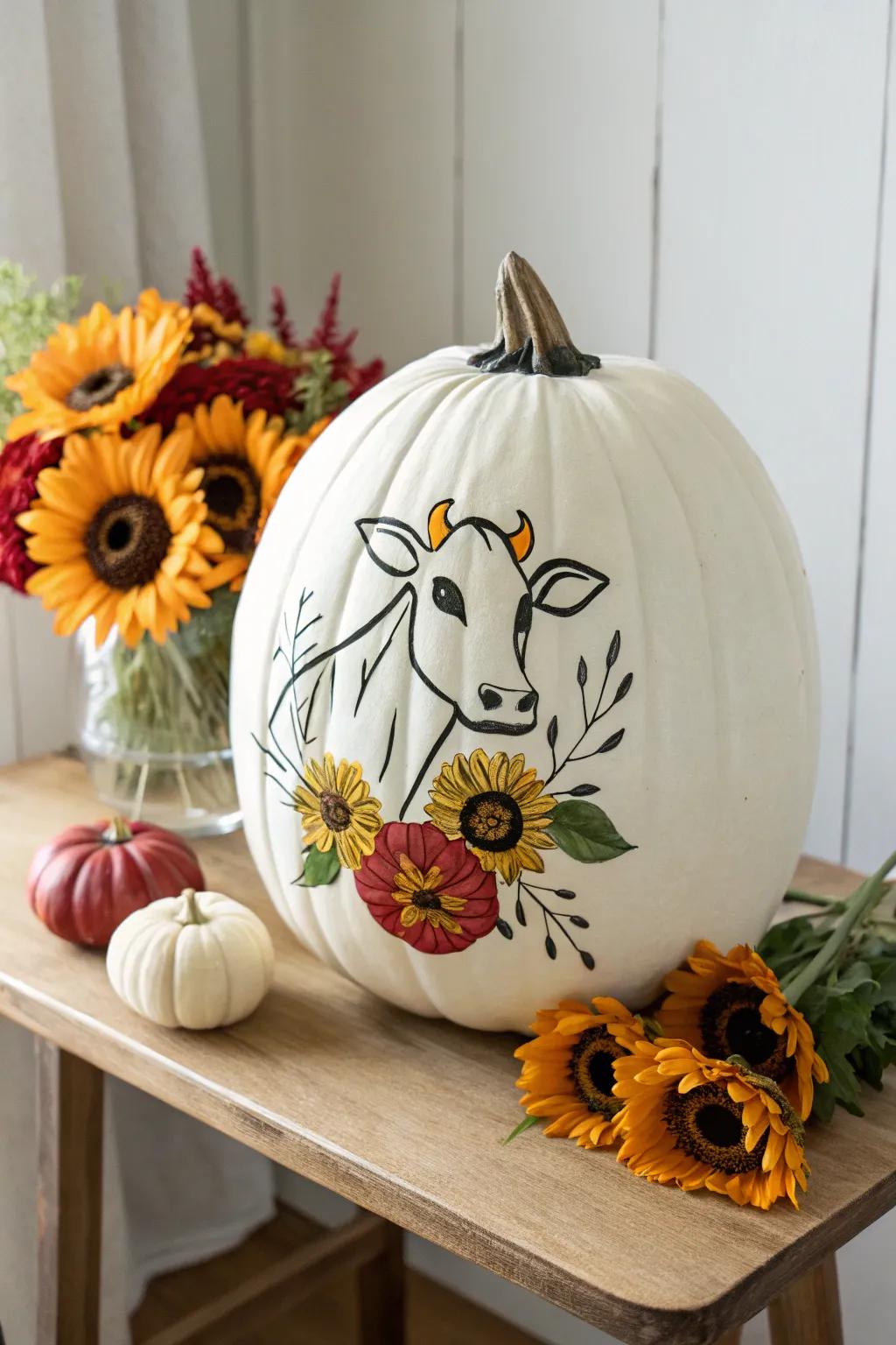 Brighten your fall decor with a charming cow pumpkin and sunflower accents!