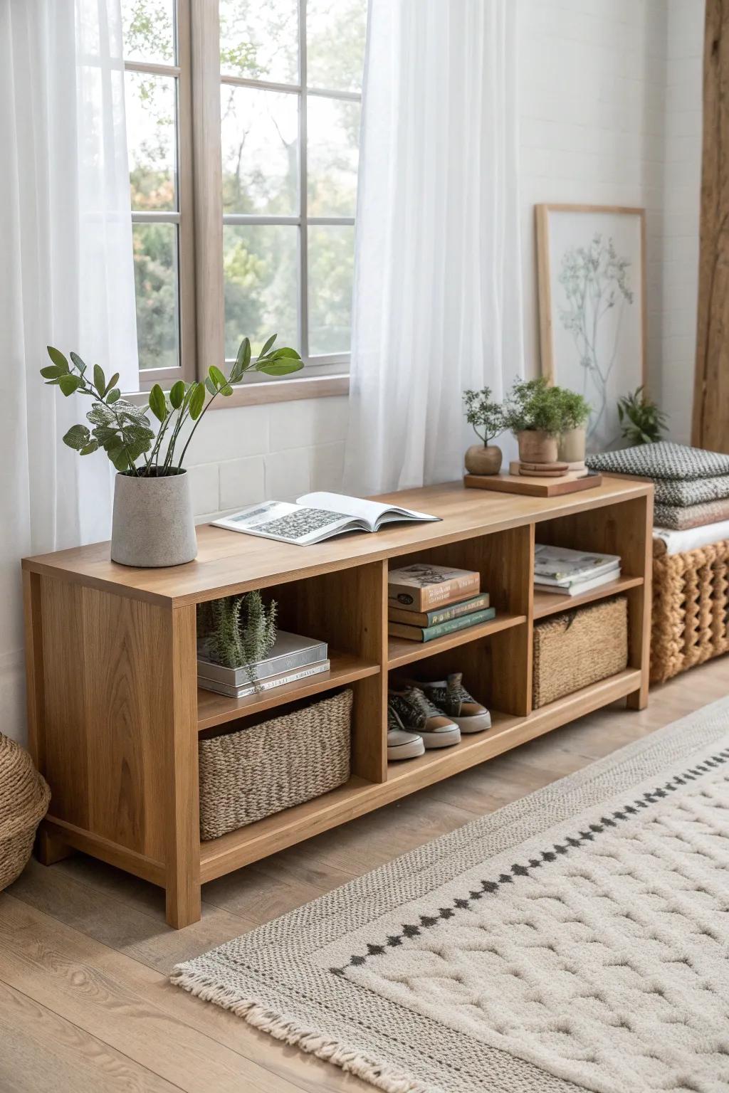 Transform your craft space with a chic dual-purpose bench that marries style and storage seamlessly.
