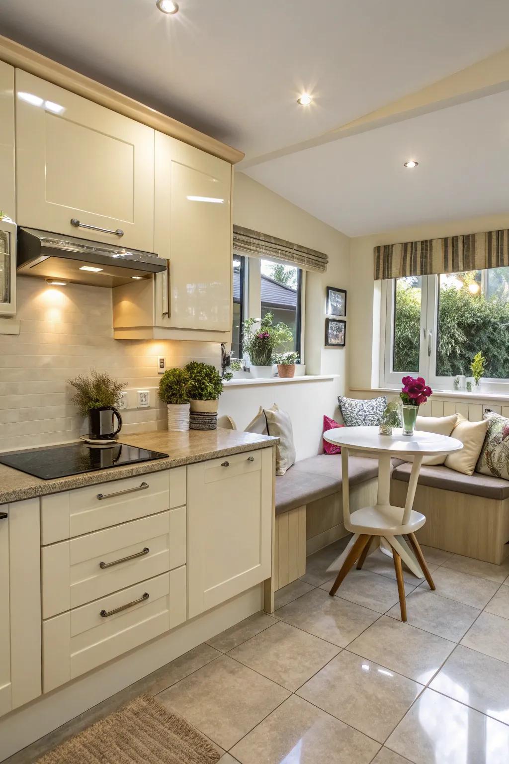 A cozy nook adding warmth and invitation to a cream gloss kitchen.