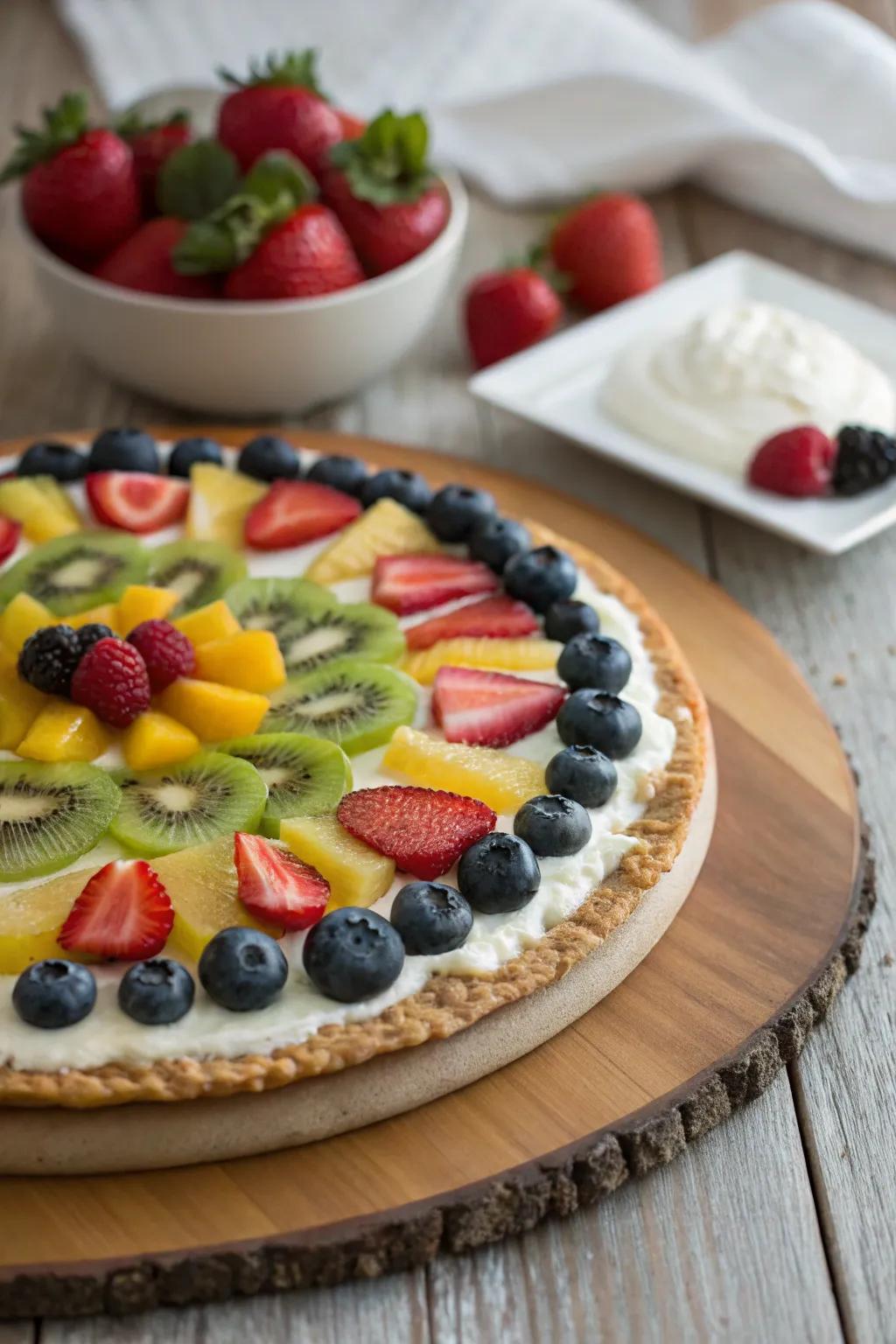 Transform your plate into a canvas with this stunning fruit mosaic pizza—a blend of artistry and flavor that delights the senses!