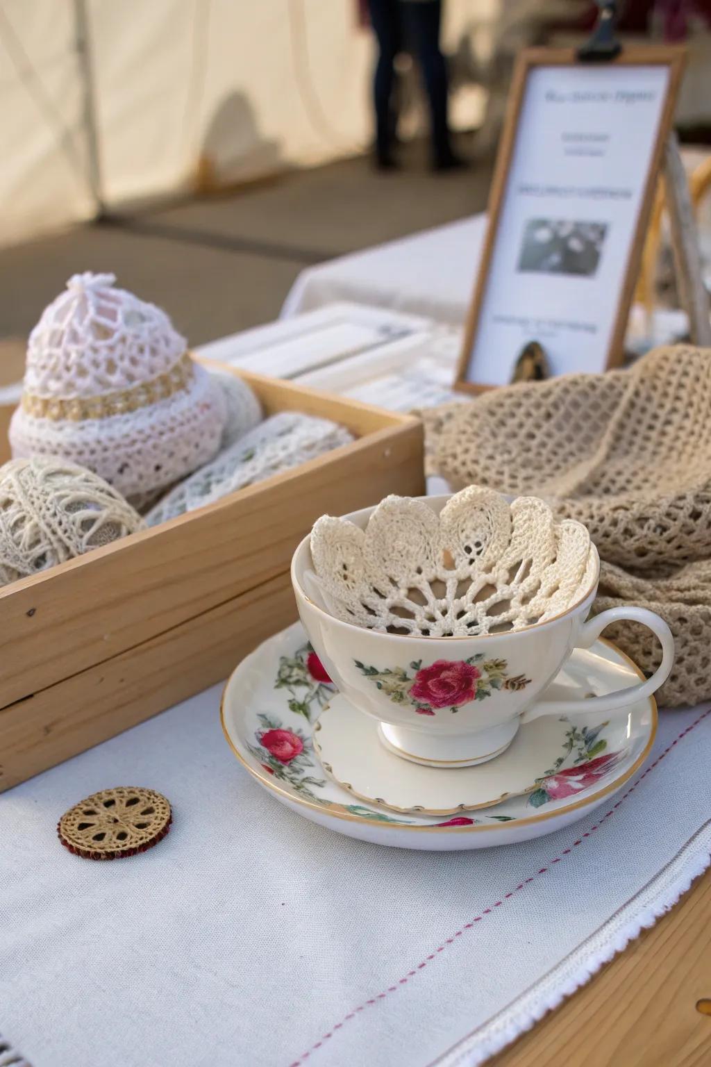 Elevate your craft fair display with whimsical charm using unexpected containers like vintage teacups.