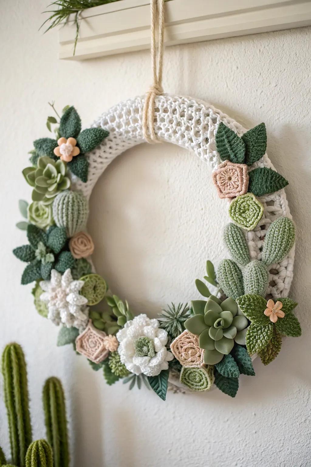 Elevate your space with a touch of handcrafted greenery: a stunning crochet succulent wreath that captures the essence of natural beauty and minimalist elegance.