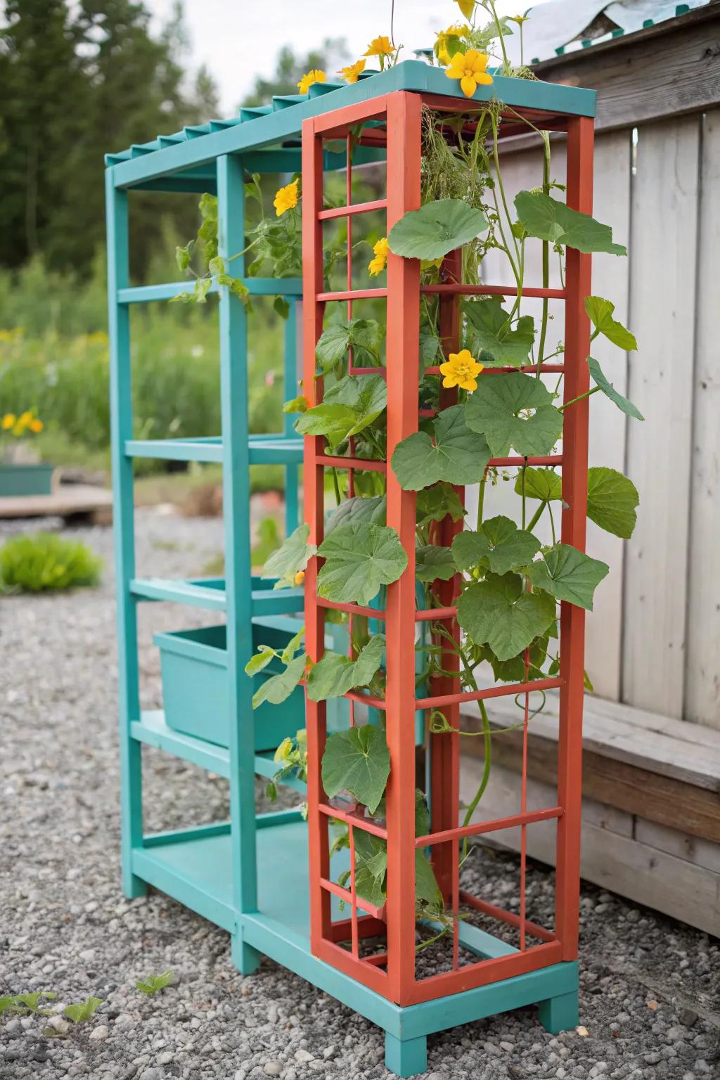 Transform your garden with a vibrant, repurposed closet organizer trellis that blends functionality with artistic flair!