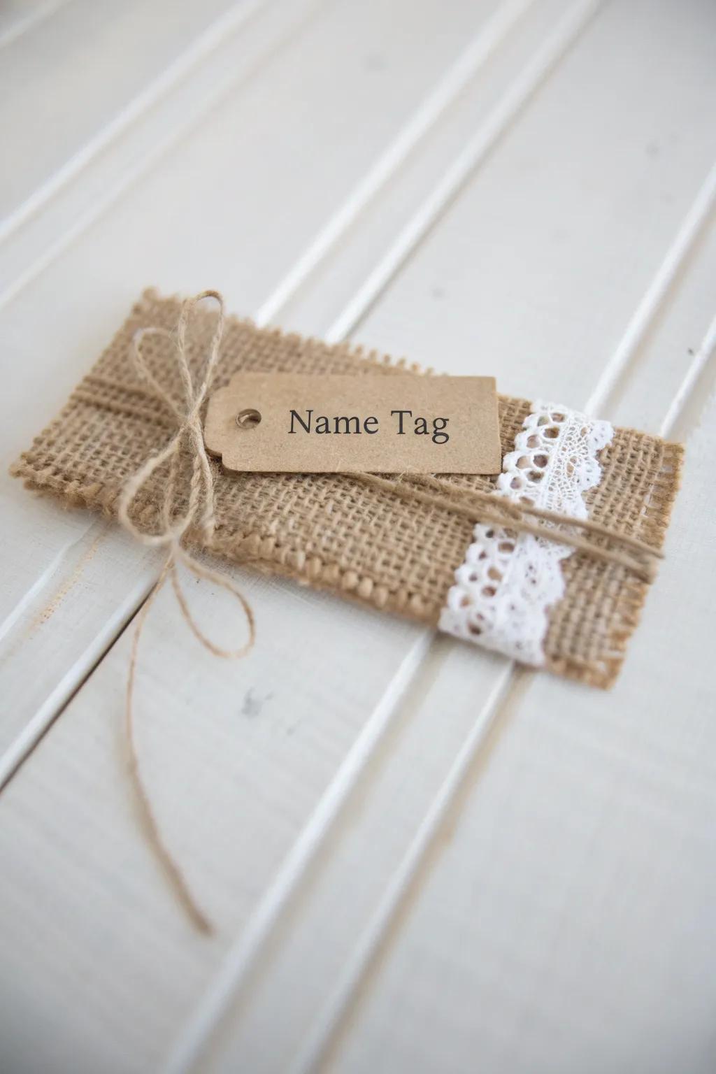 Elevate your name tags with the rustic charm of burlap and the delicate grace of lace. A tactile twist on simplicity.