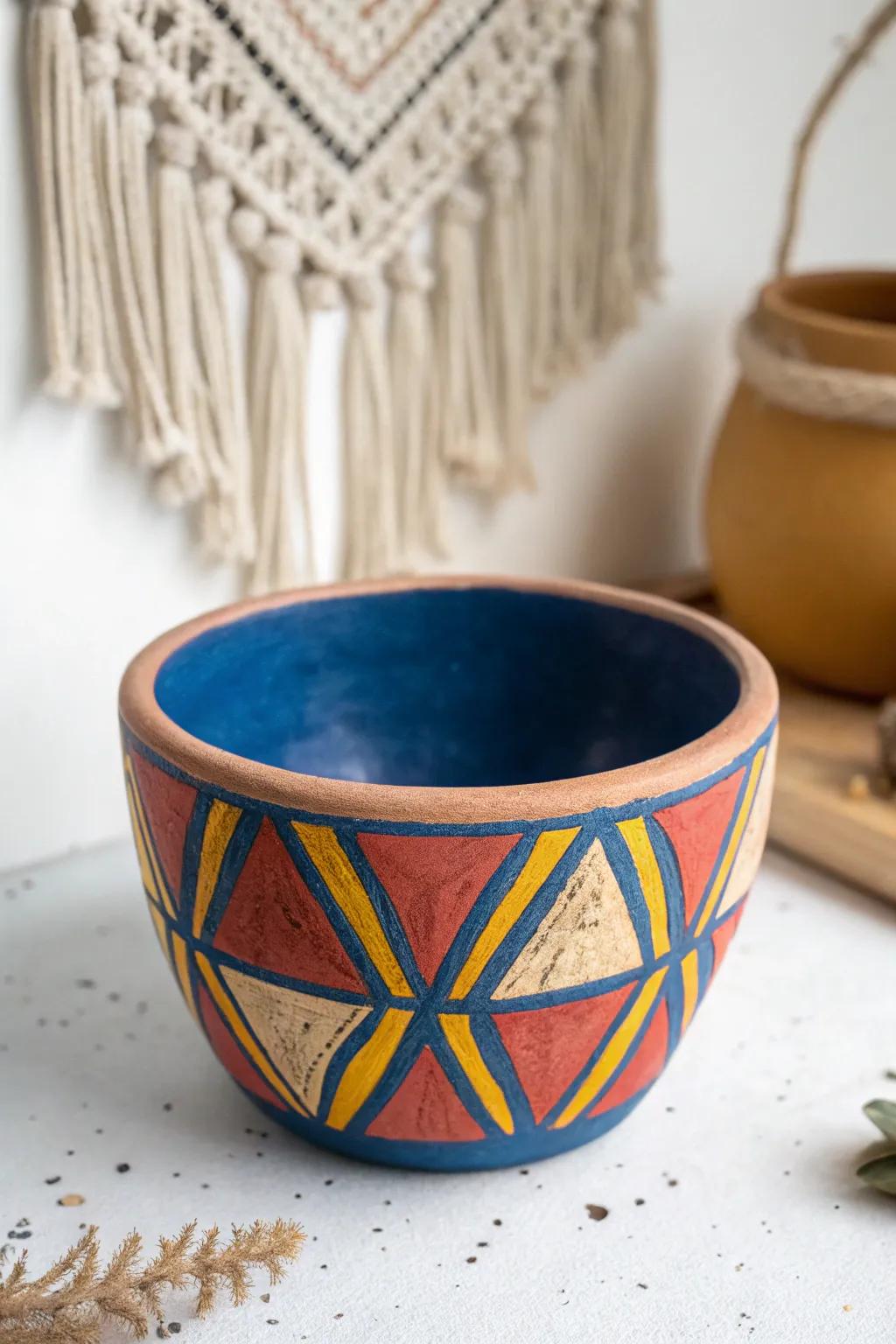 Elevate your space with a touch of artistry: bold geometric patterns meet minimalist design in this stunning pinch pot.