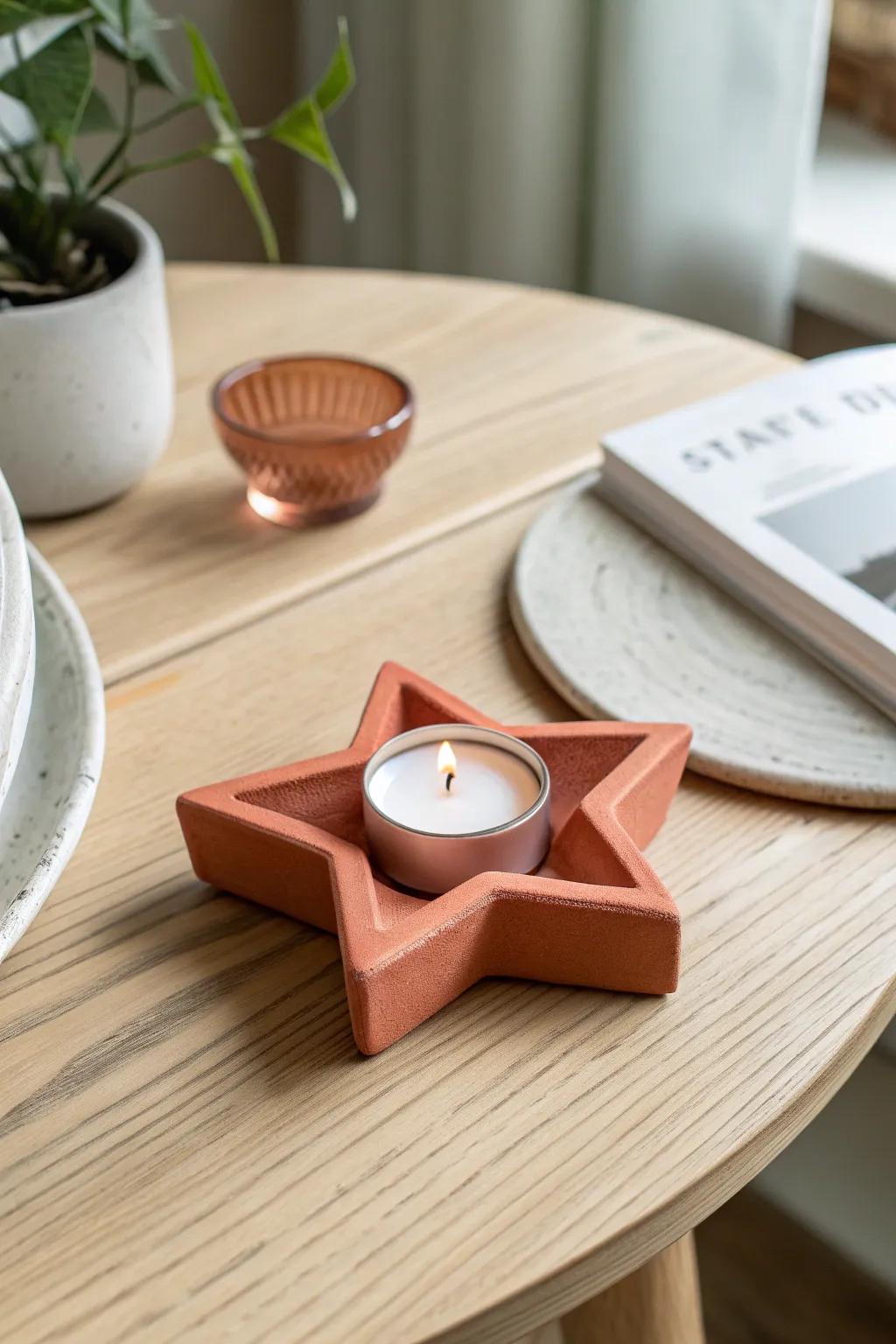 Illuminate your space with this charming star-shaped polymer clay tea light holder, where minimalist design meets Boho flair.